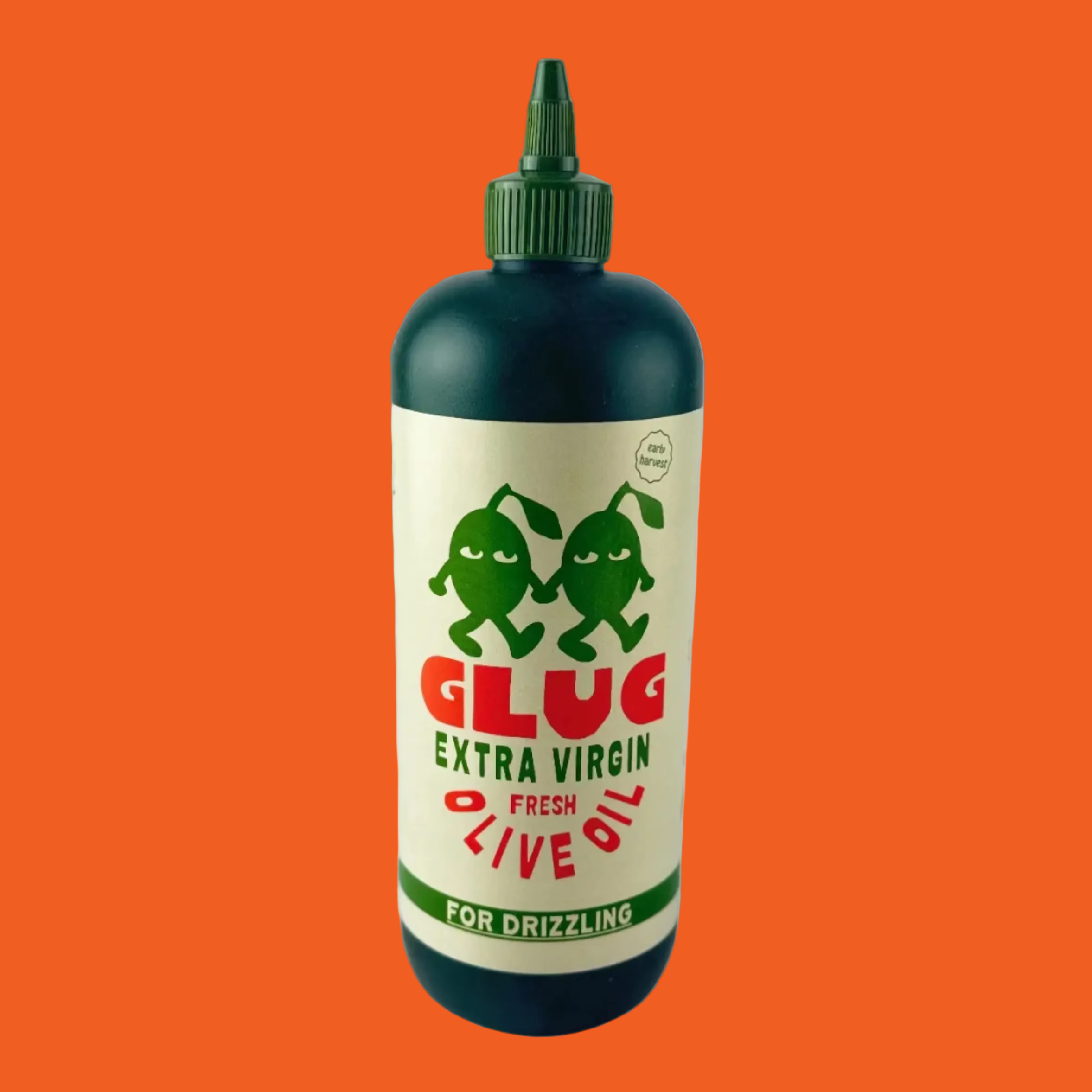 Bottle of Glug Extra Virgin Olive Oil on a orange background
