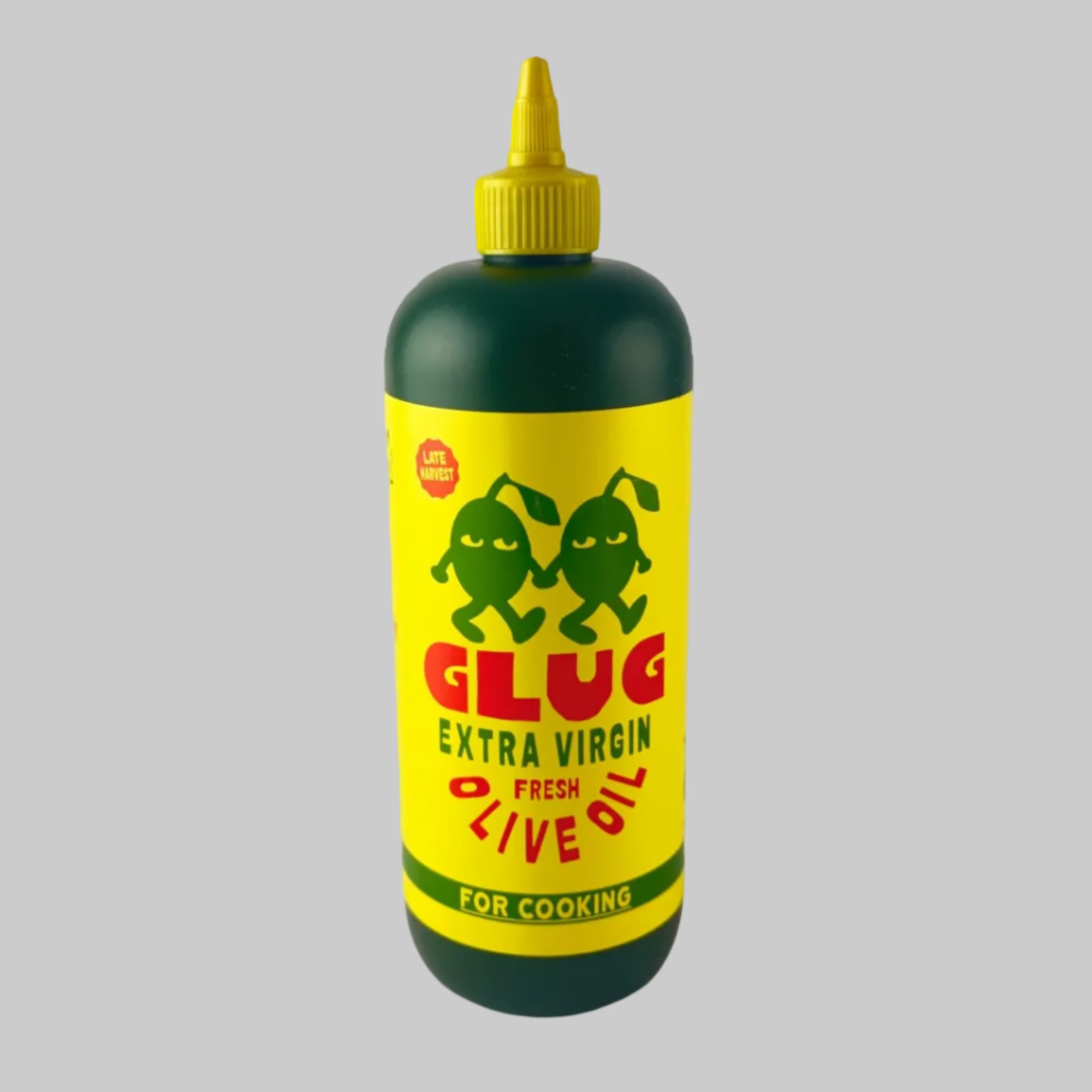 Bottle of 'GLUG Extra Virgin Olive Oil' with a yellow cap on a white background