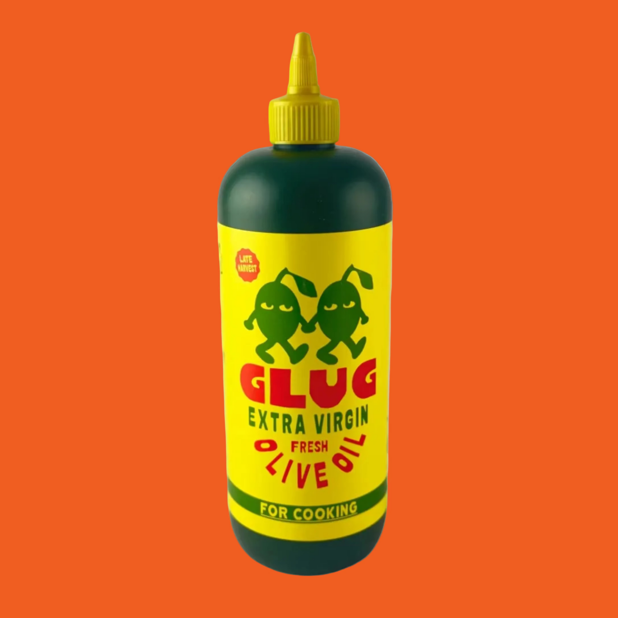 Bottle of GLUG Extra Virgin Olive Oil for cooking on a orange background