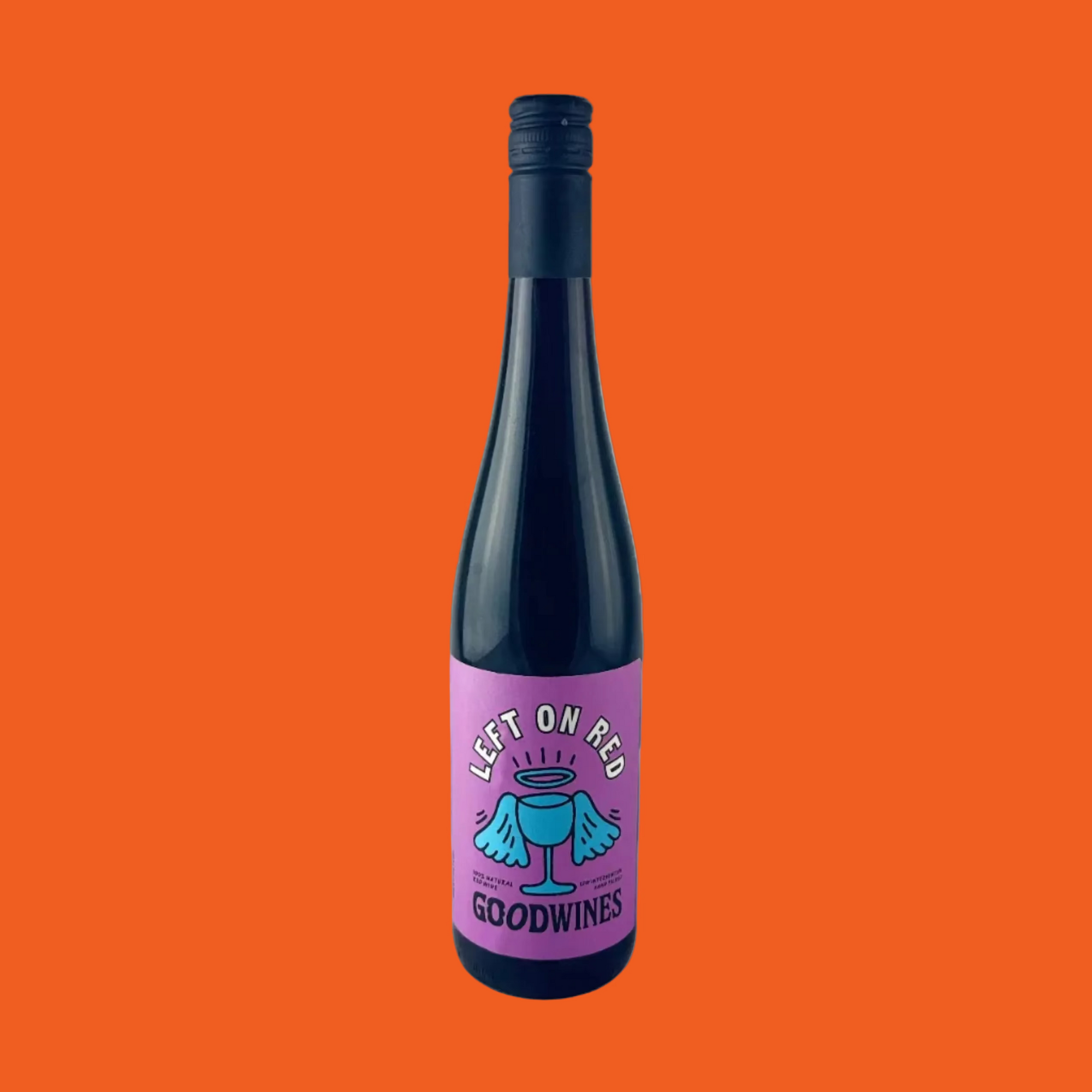 Wine bottle with a purple label on a orange background
