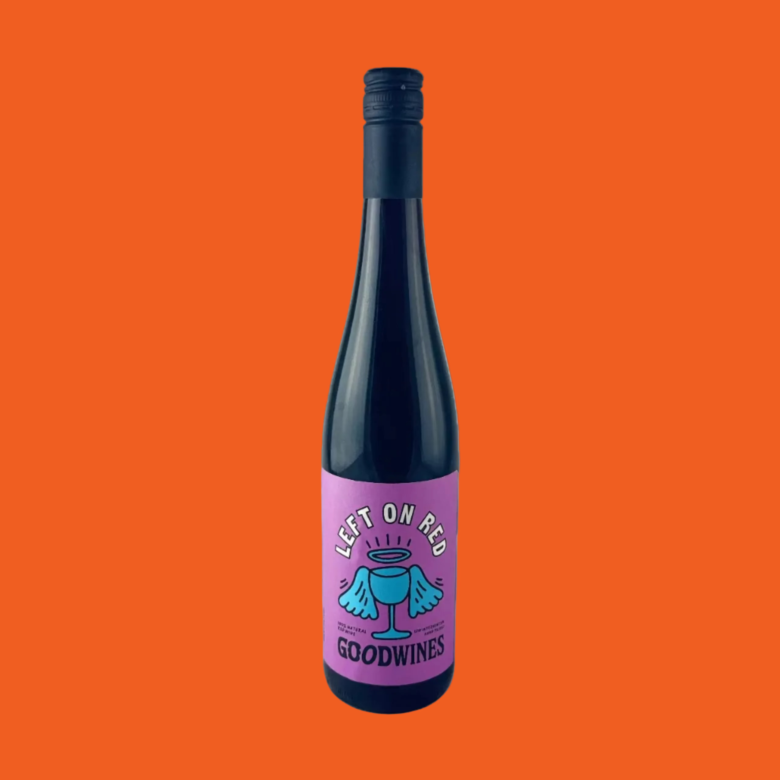 Wine bottle with a purple label on a orange background