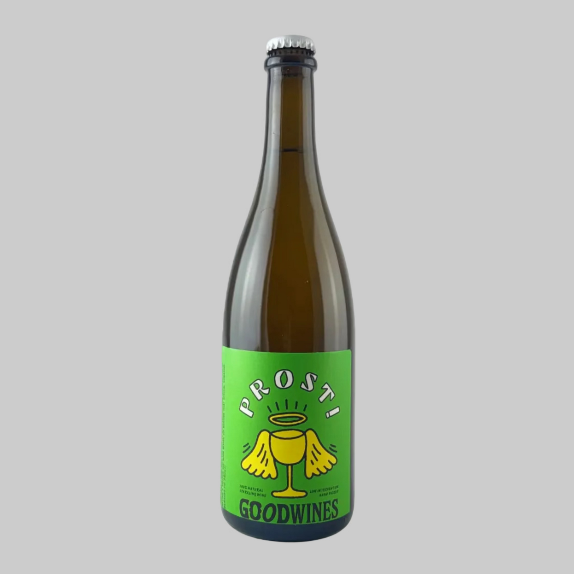 Bottle of Prosti wine from Good Wines with a green label on a grey background