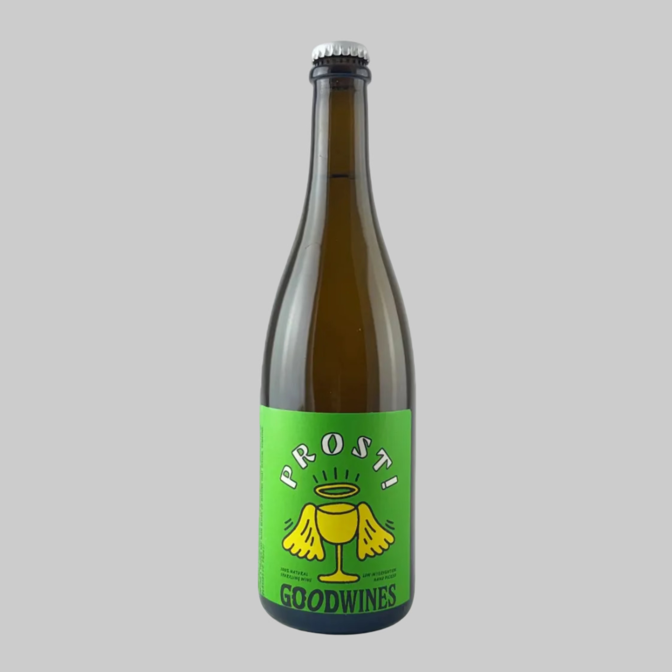 Bottle of Prosti wine from Good Wines with a green label on a grey background