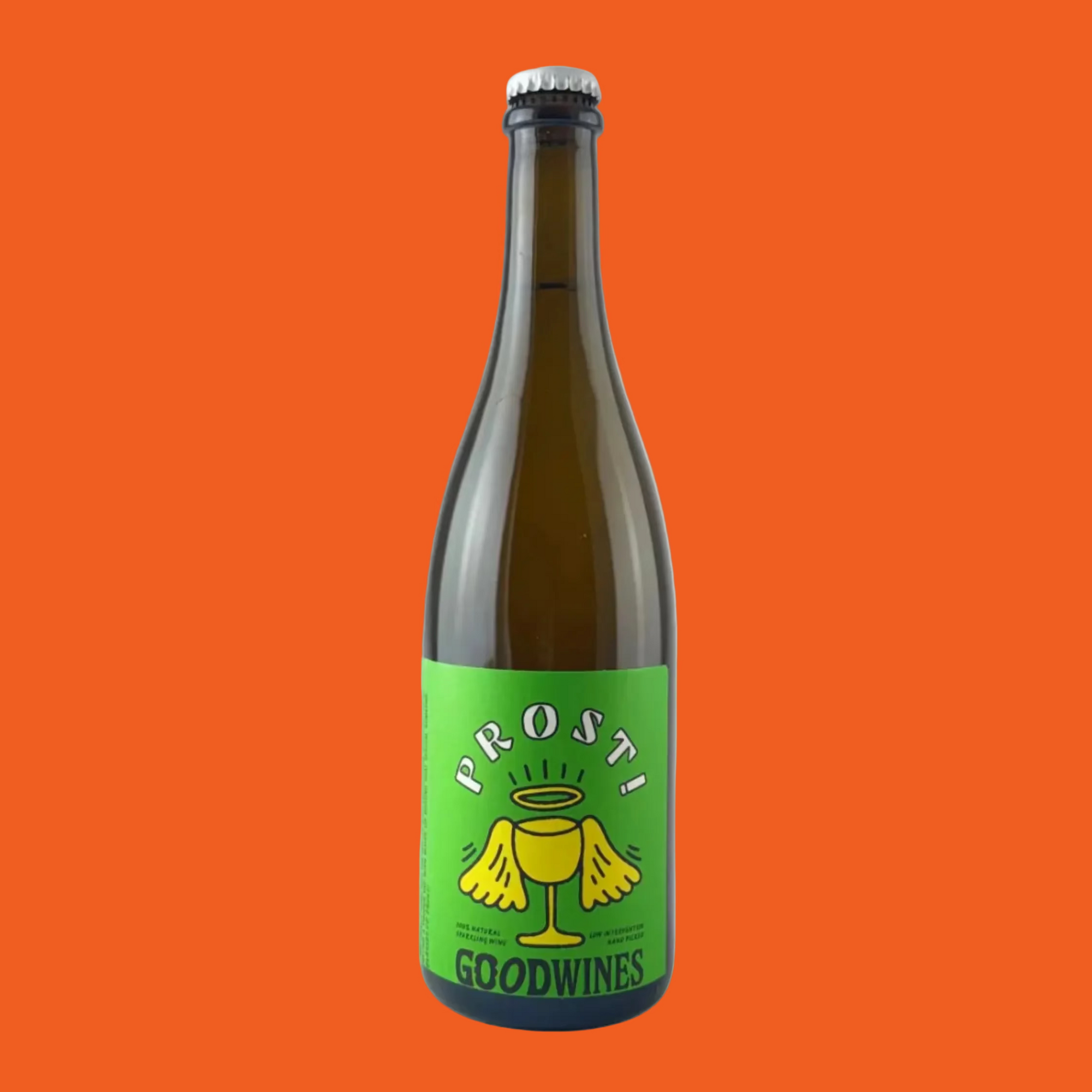 Prosti wine from Good Wines with a green and yellow label on an orange background