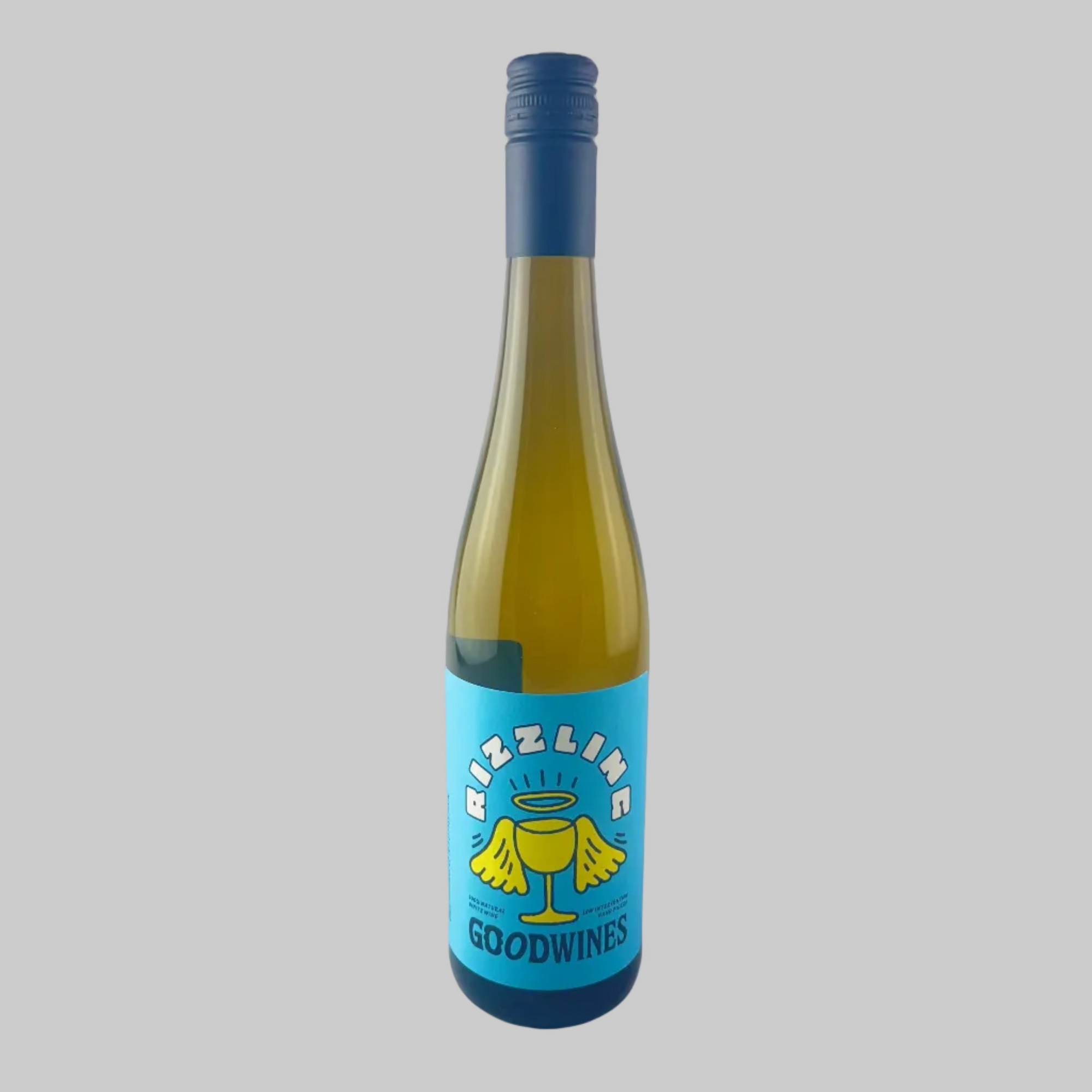 Good Wines Rizzling wine bottle with a blue label on a grey background
