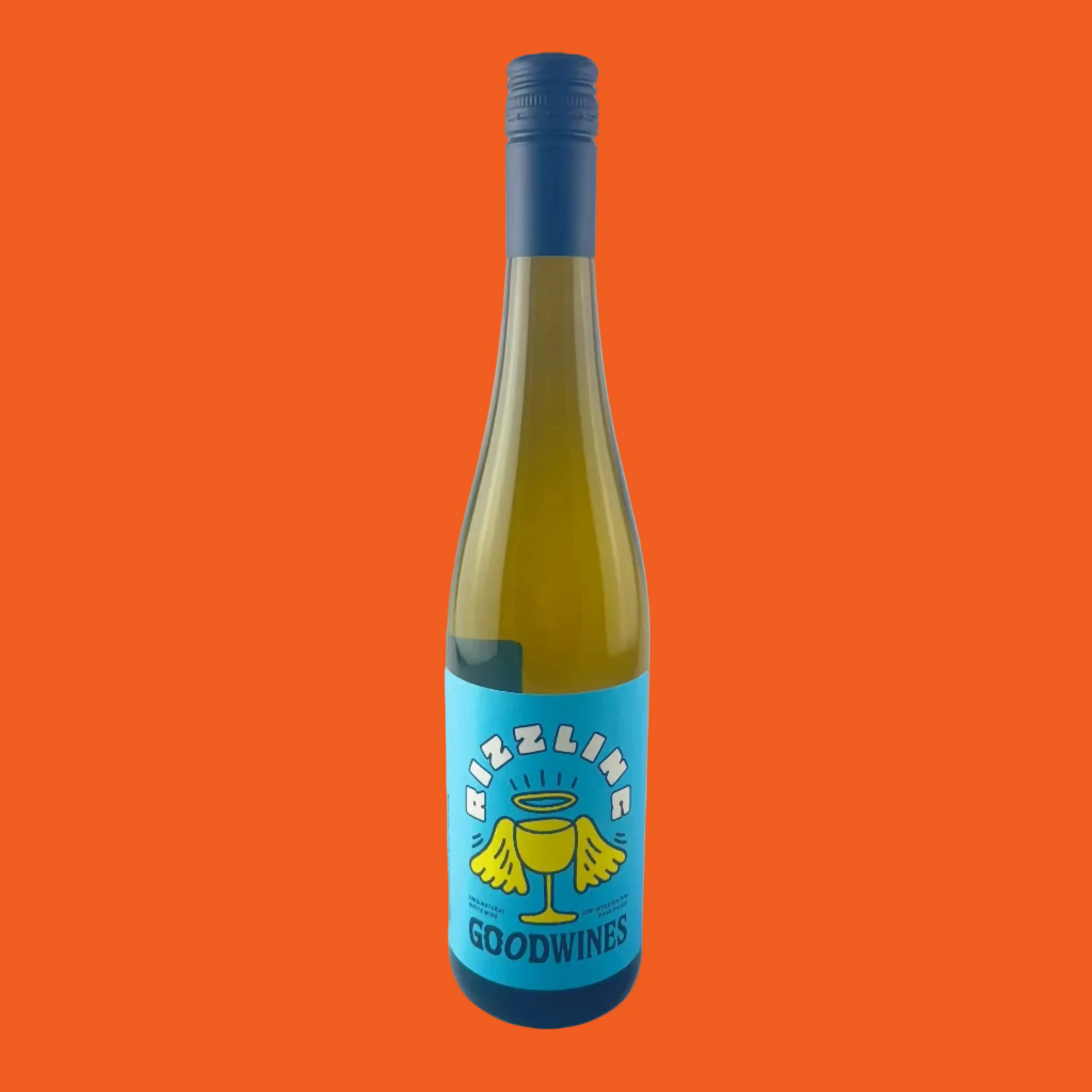 Rizzling wine from Good Wines wine bottle with a blue label on a orange background