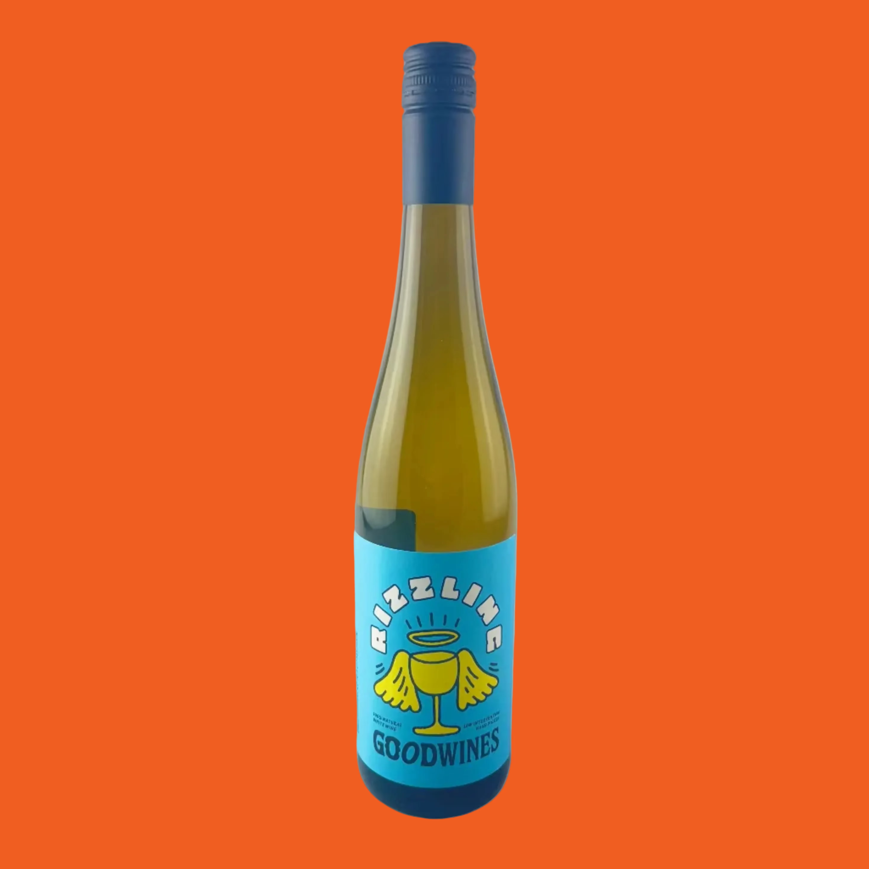 Rizzling wine from Good Wines wine bottle with a blue label on a orange background