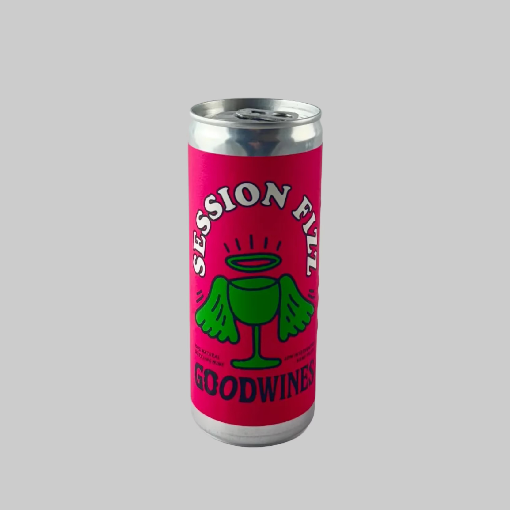 Can of Good Wines Session Fizz with a pink and green label on a grey background