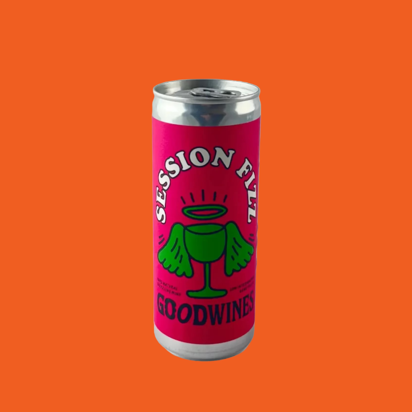 Pink can with silver top and bottom, featuring 'Session Fizz Good Wines' text and graphics on a orange background.
