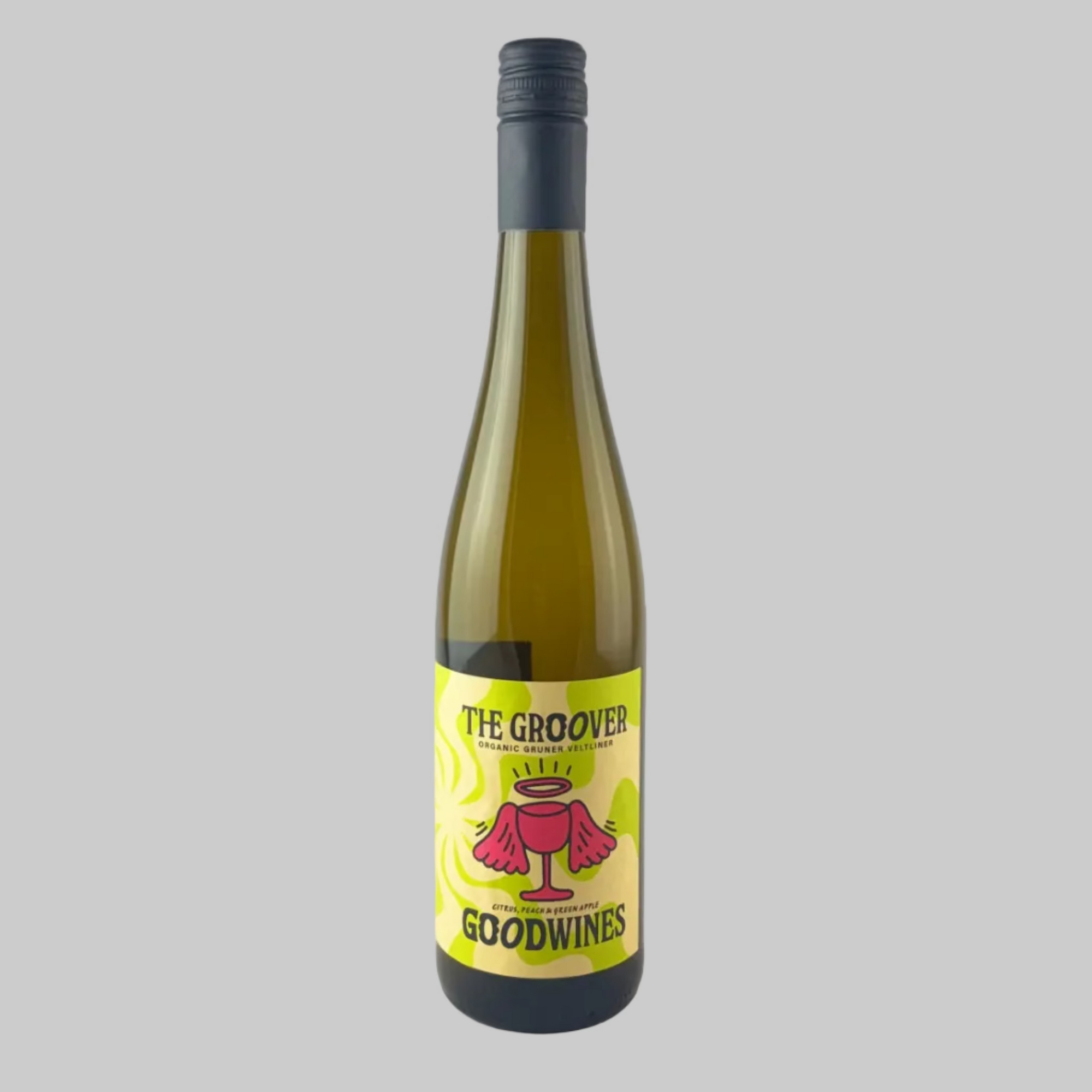 Bottle of Good Wines The Groover white wine with a colourful label on a grey background