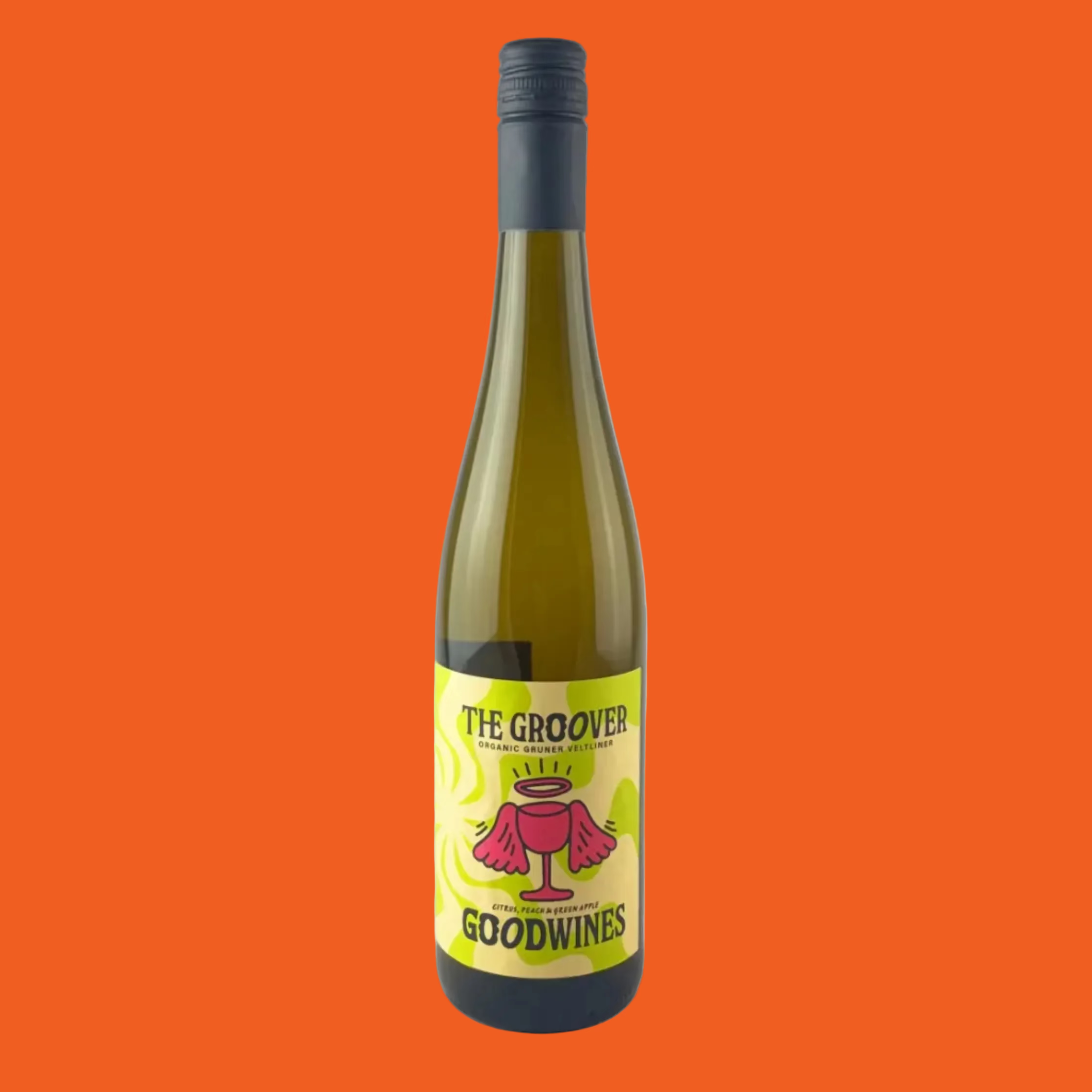 Wine bottle with 'The Groover Goodwines' label on an orange background
