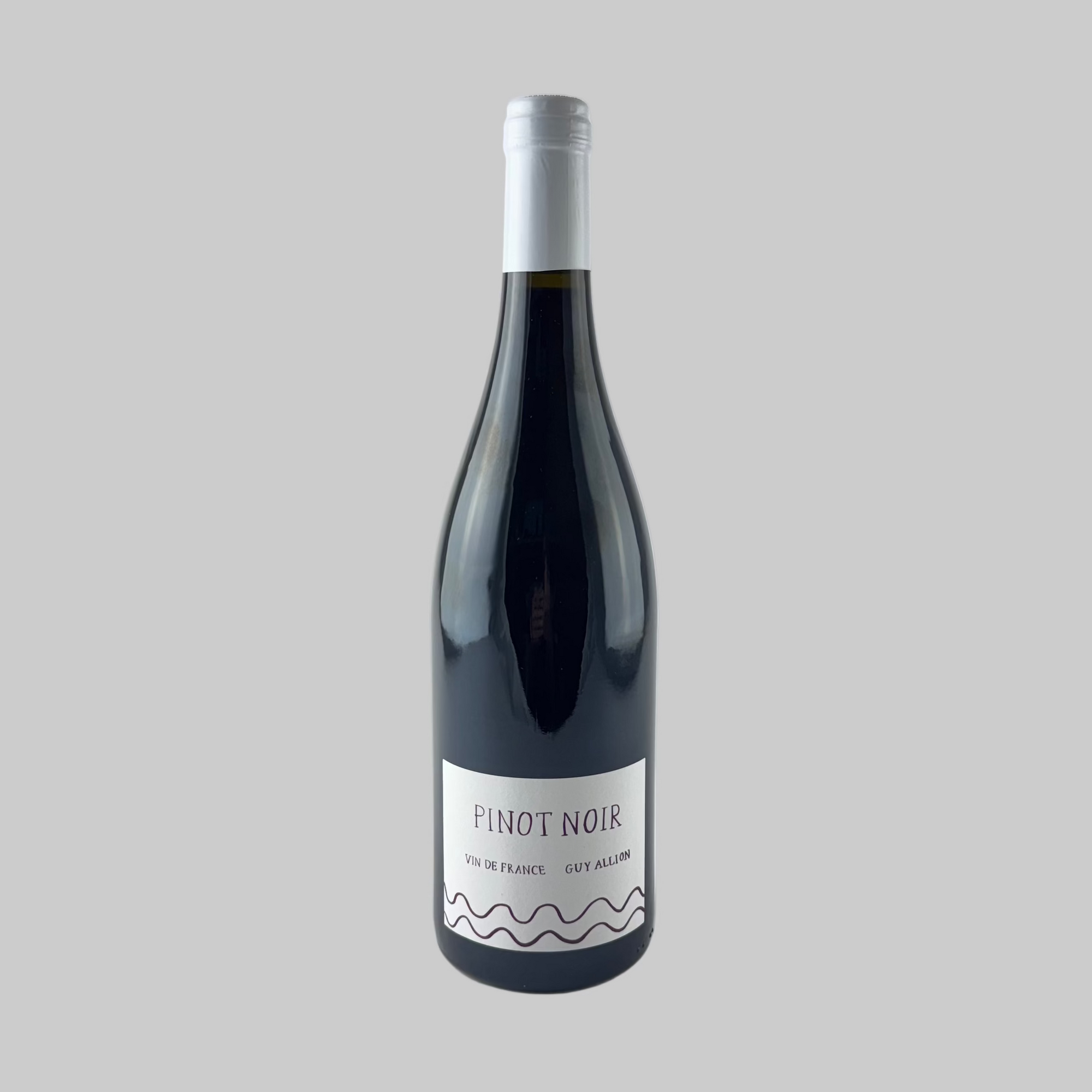 Bottle of Guy Allion Pinot Noir with white label on a grey background