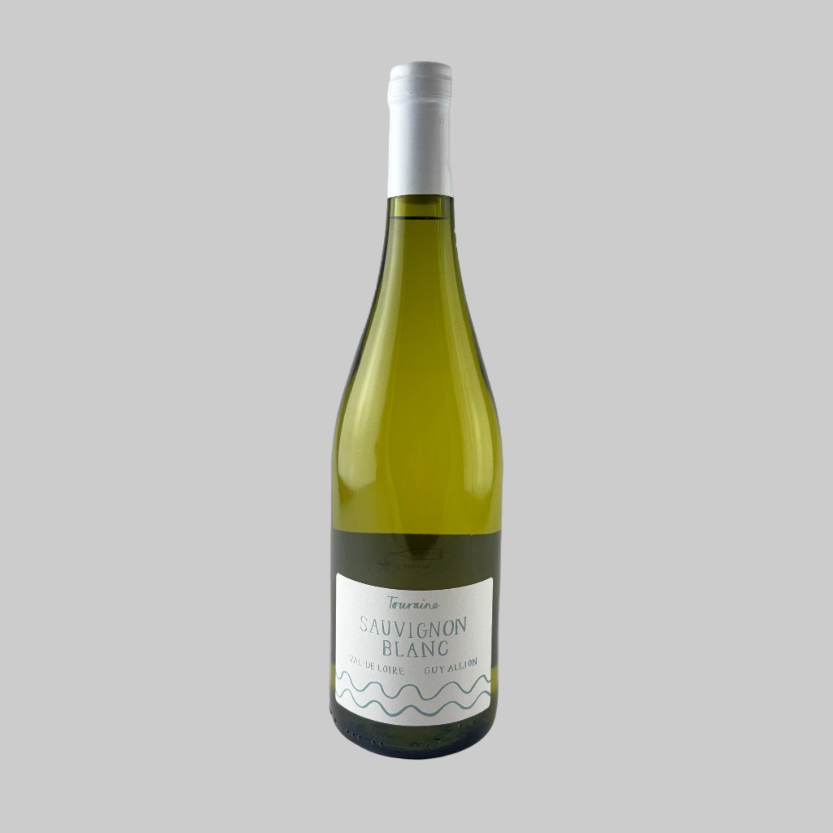 Bottle of Guy Allion Sauvignon Blanc wine on a grey background