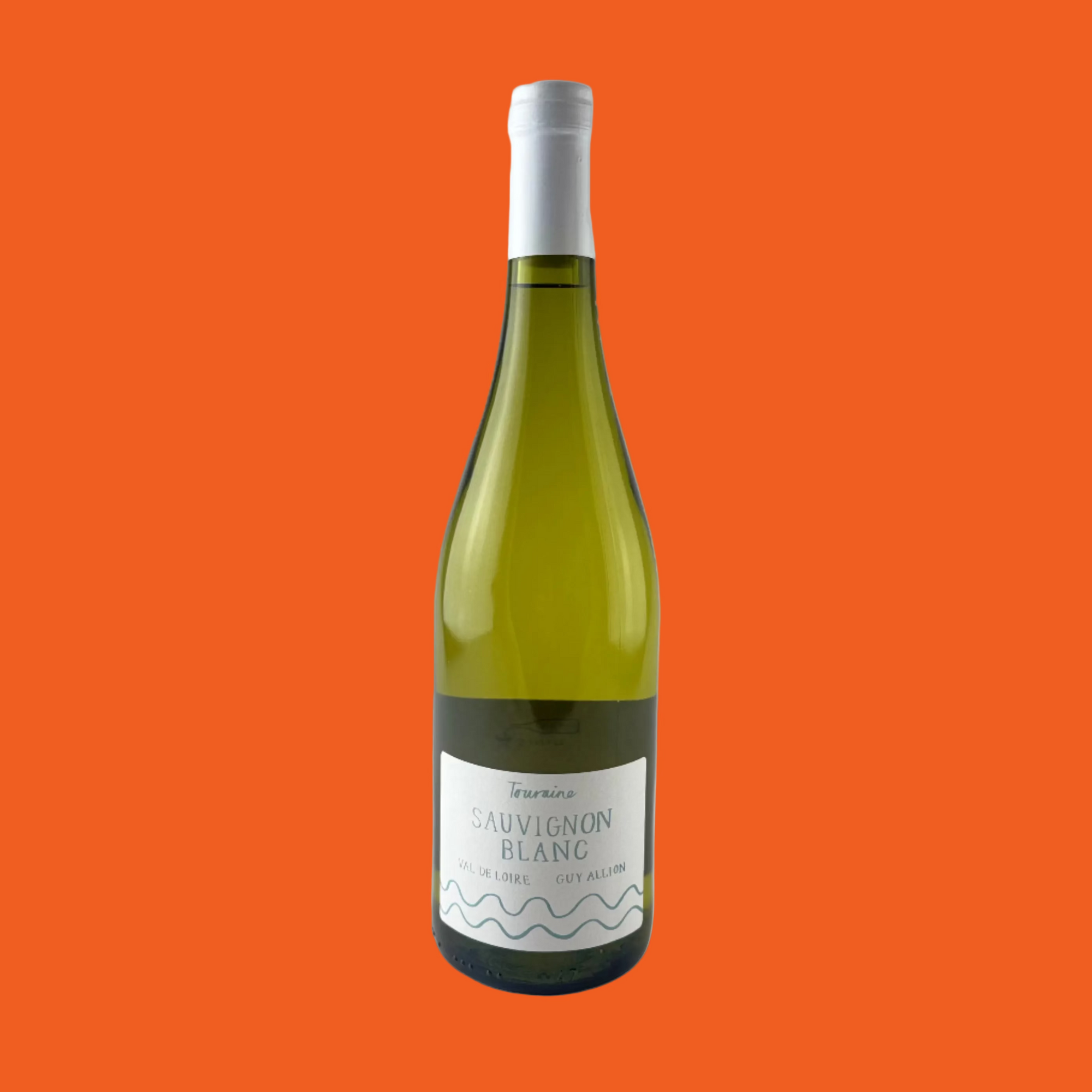 Bottle of Guy Allion Sauvignon Blanc wine on a orange background