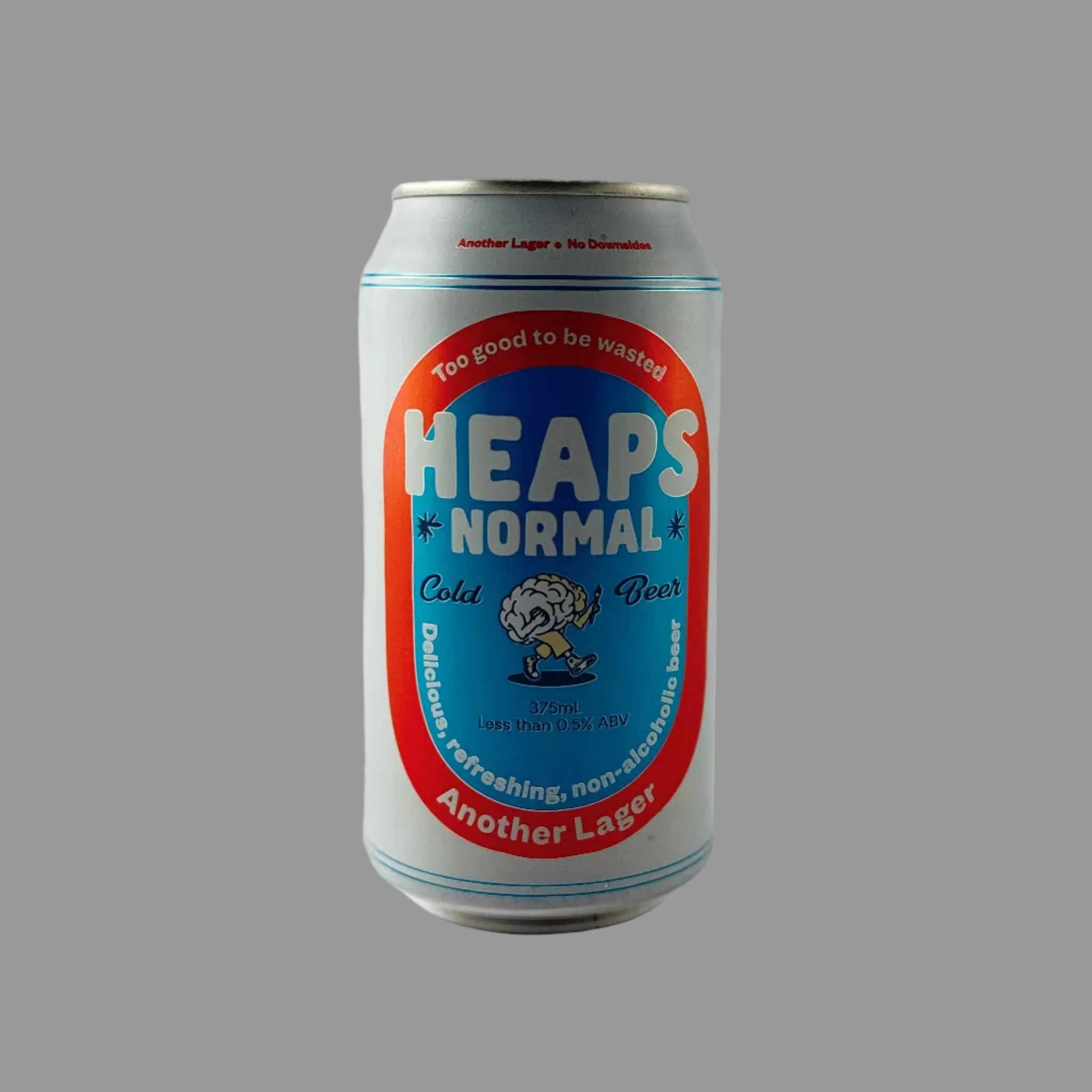 Can of Heaps Normal Another Lager Alcohol Free beer with a red and blue label on a grey background 