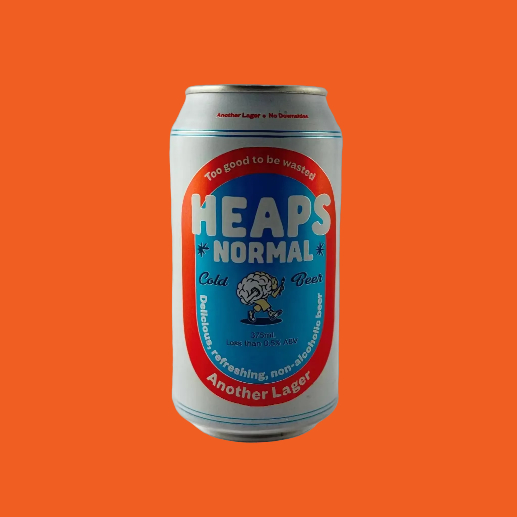 Can of Heaps Normal Alcohol Free Lager with a blue label on a orange background