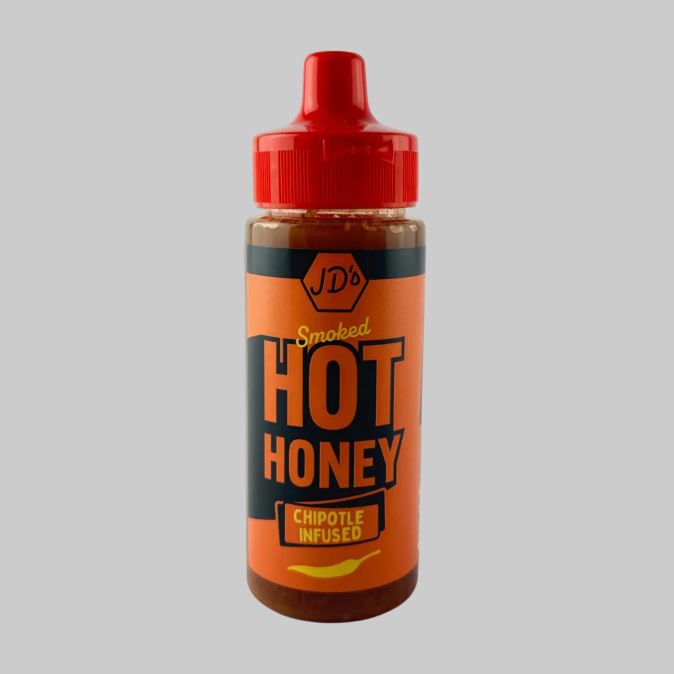 Bottle of Chipotle Smoked Hot Honey with a red cap on a grey background
