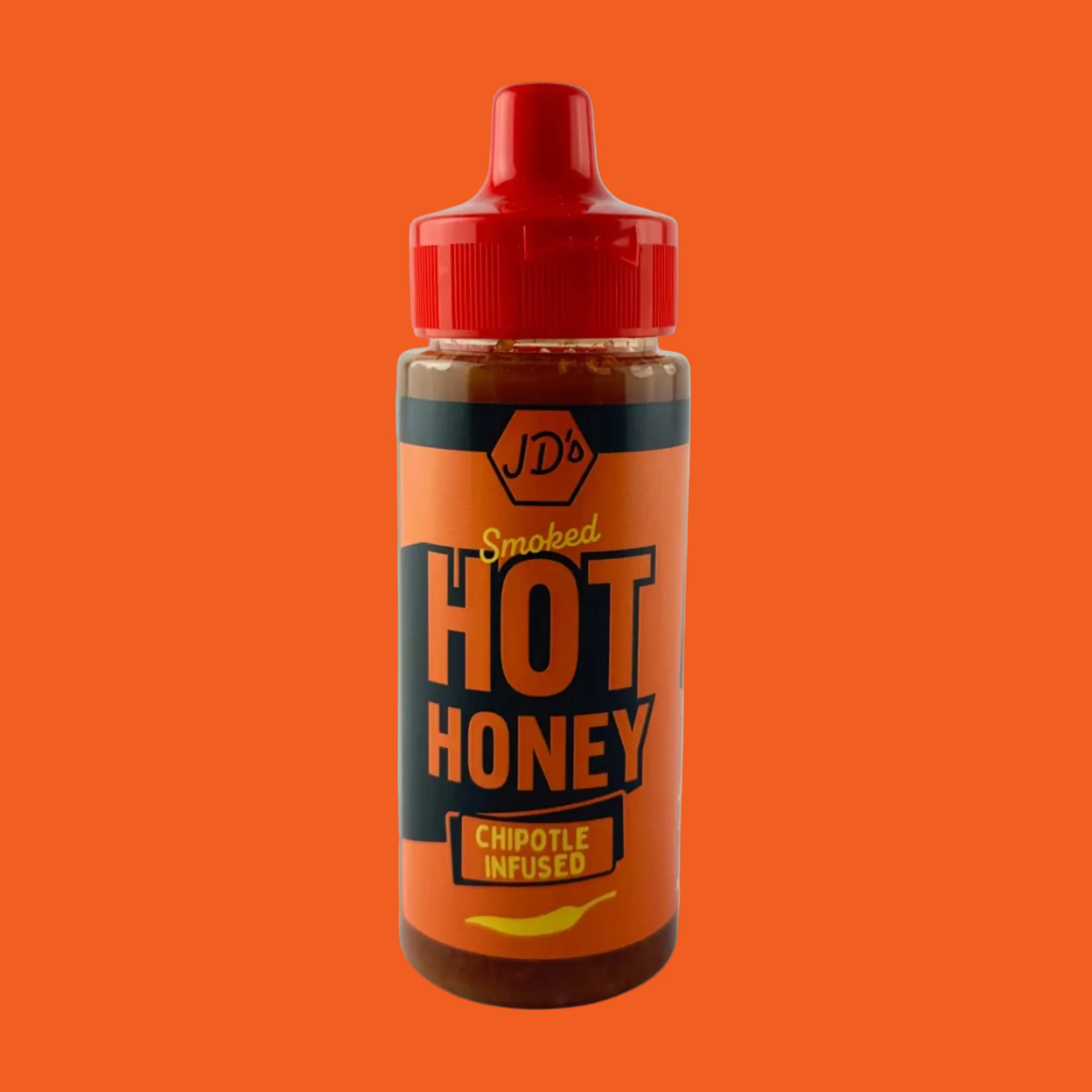 Bottle of JD's Smoked Chipotle Infused Hot Honey with a red cap on a orange background