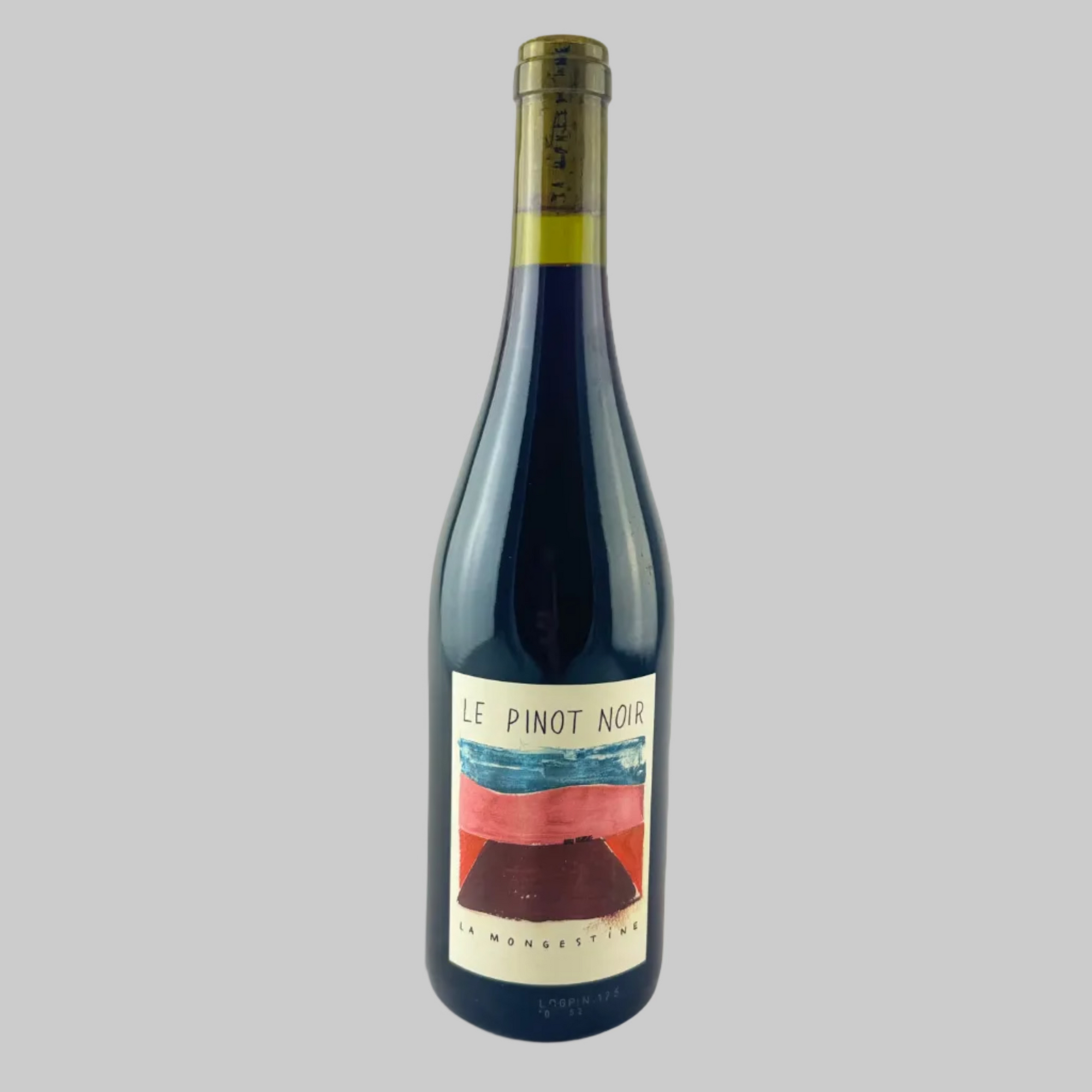 Wine bottle labeled 'Le Pinot Noir' on a grey background