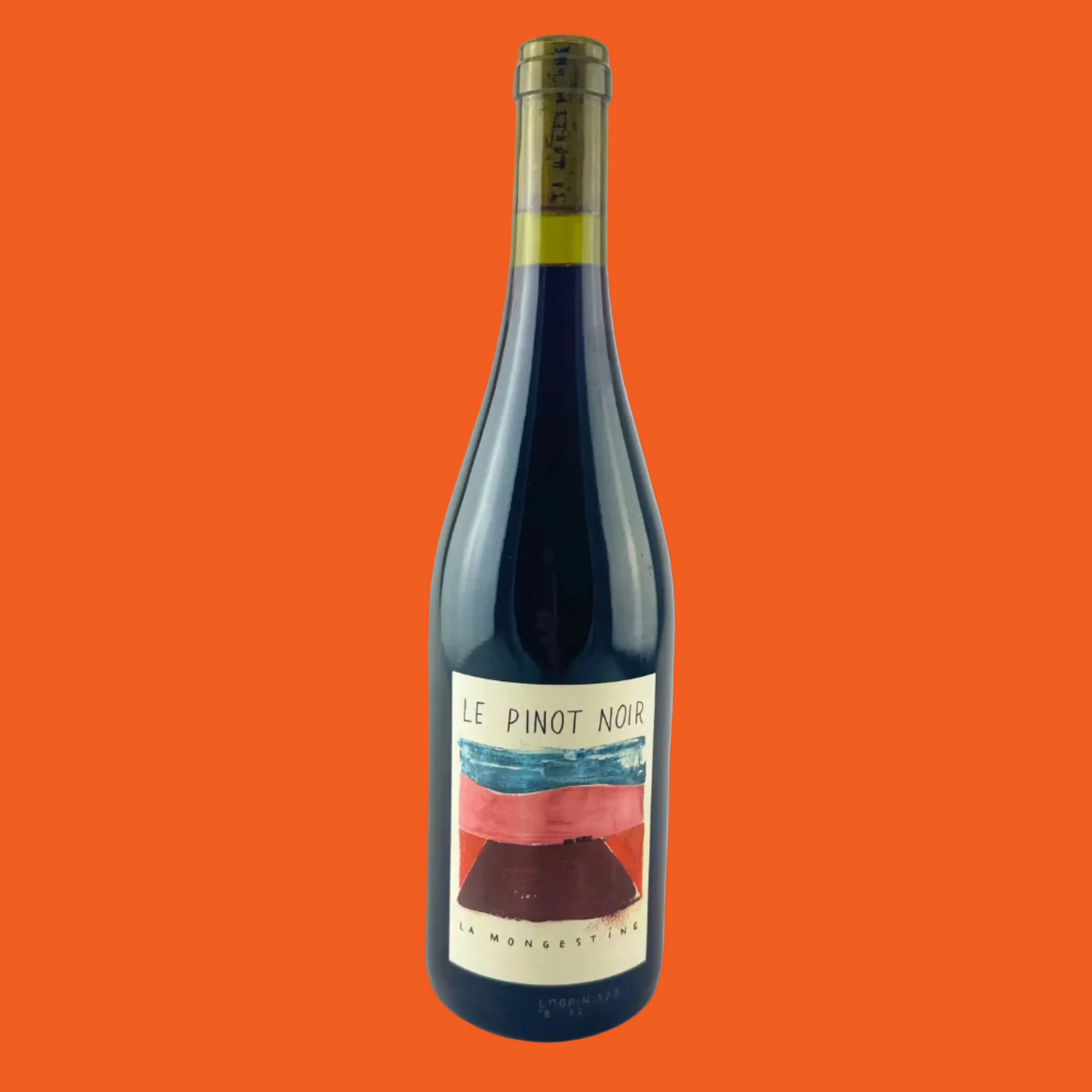 Wine bottle labeled 'Le Pinot Noir' on a orange background