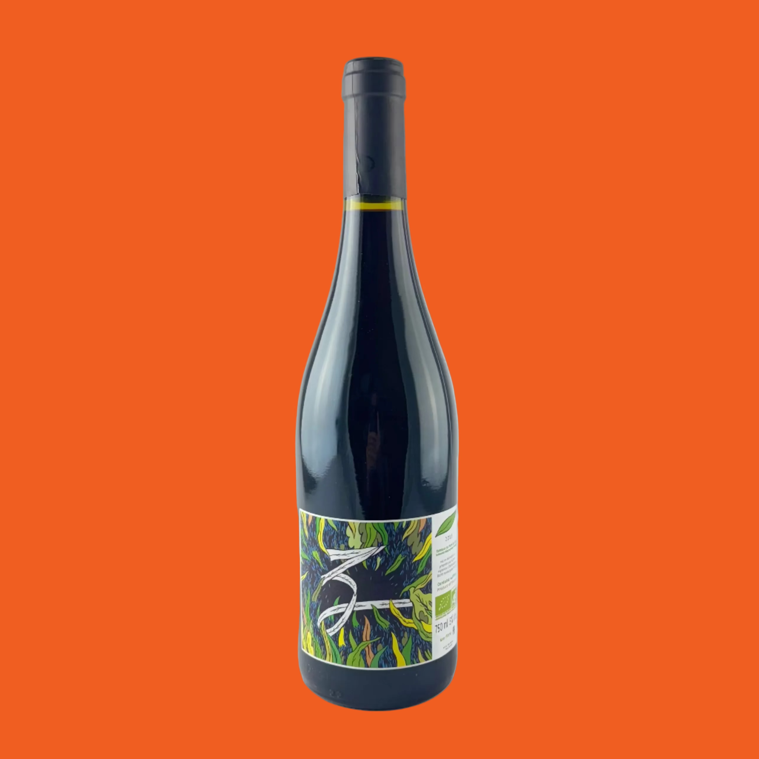 Wine bottle with a colourful label on a grey background