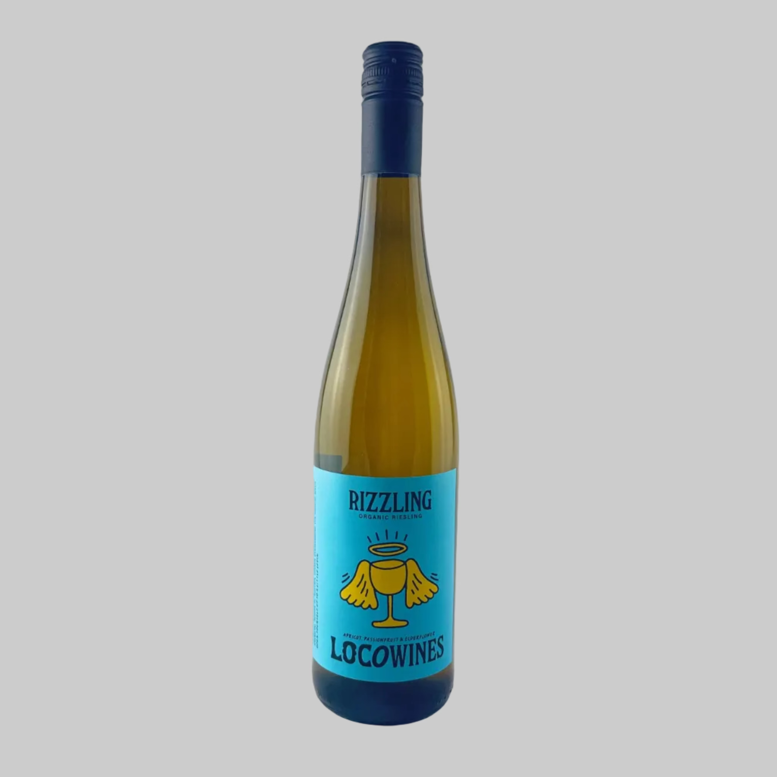 Bottle of Rizzling from Loco Wines with a blue label on a grey background