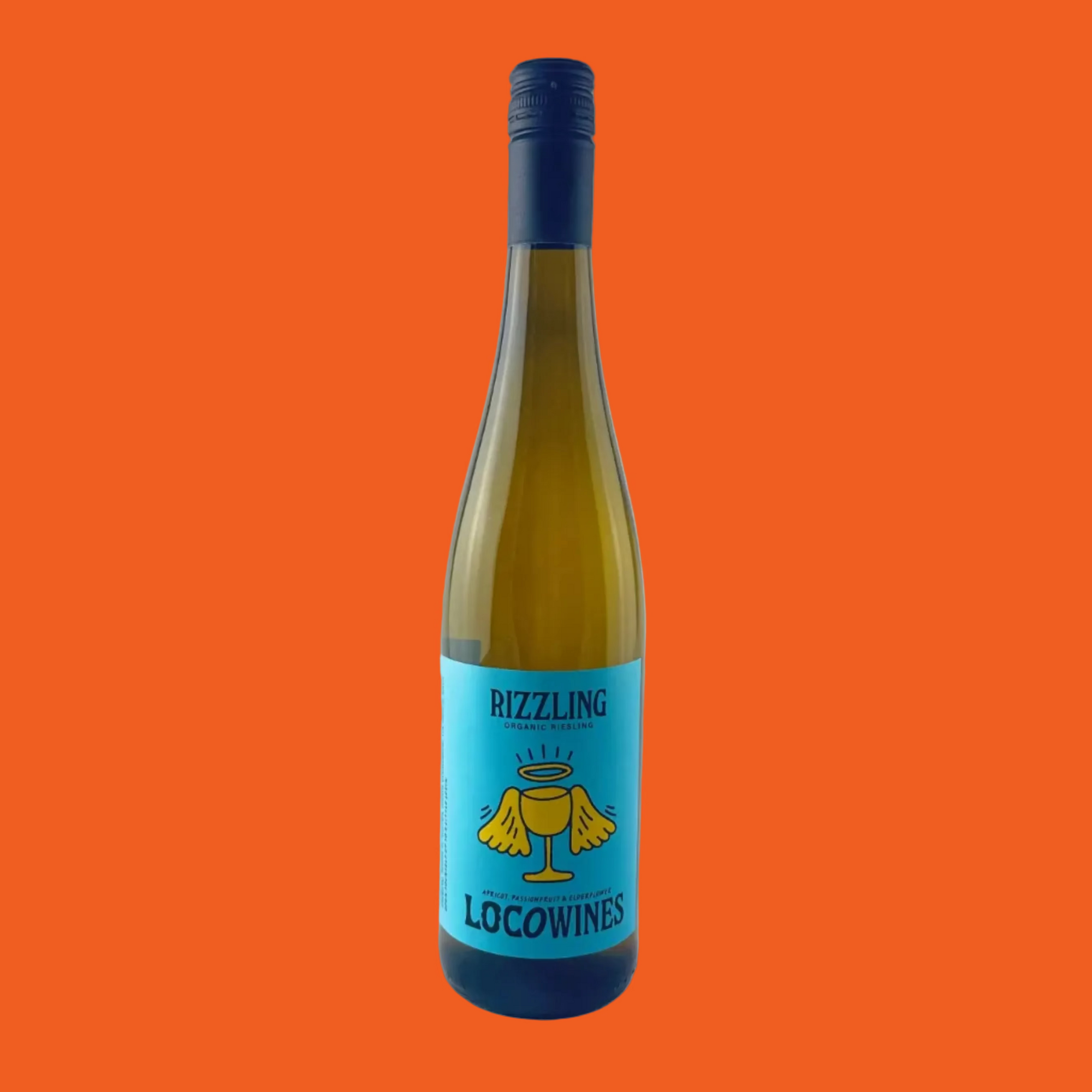 Wine bottle with blue label on a orange background