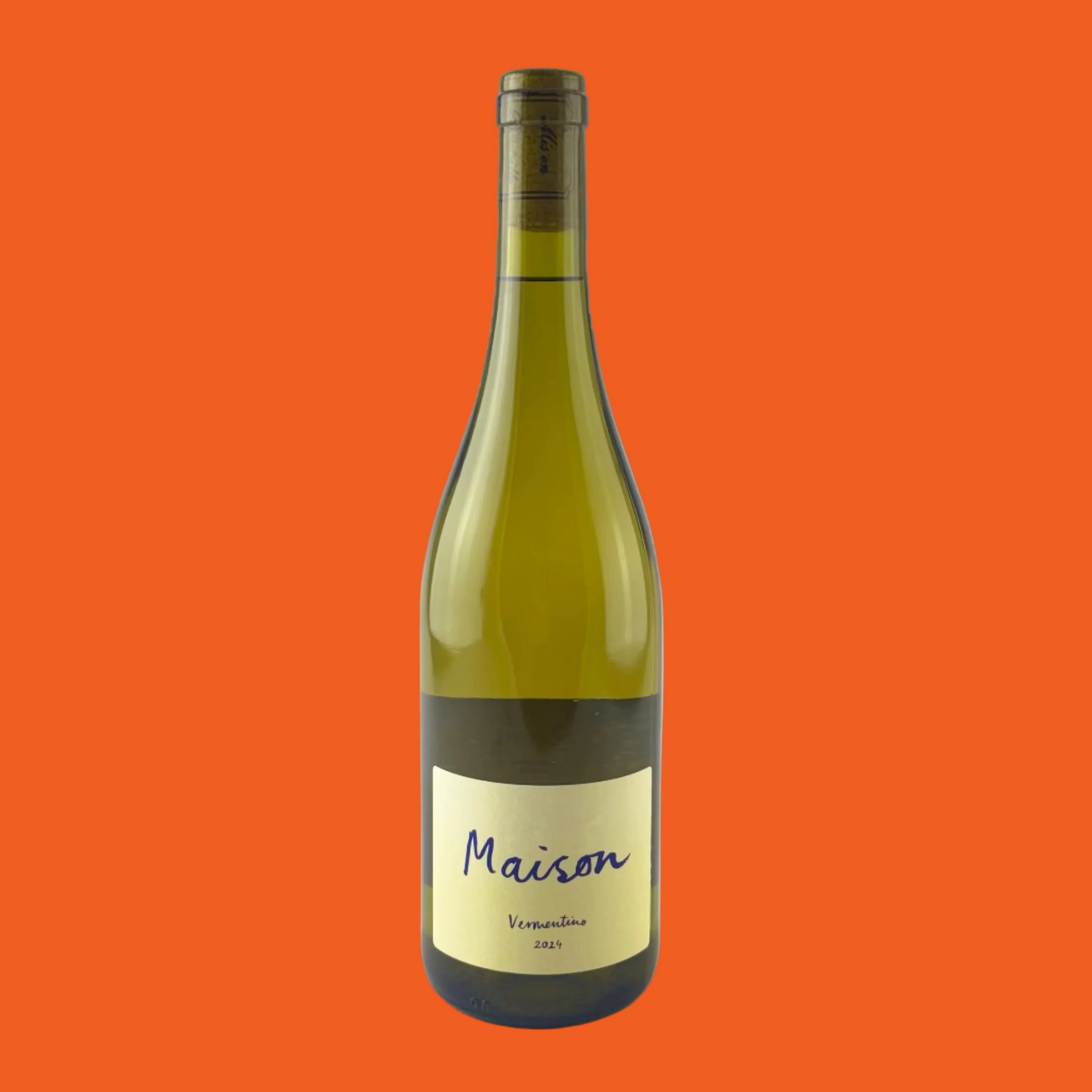 Wine bottle labeled 'Maison Vermentino' on a orange background