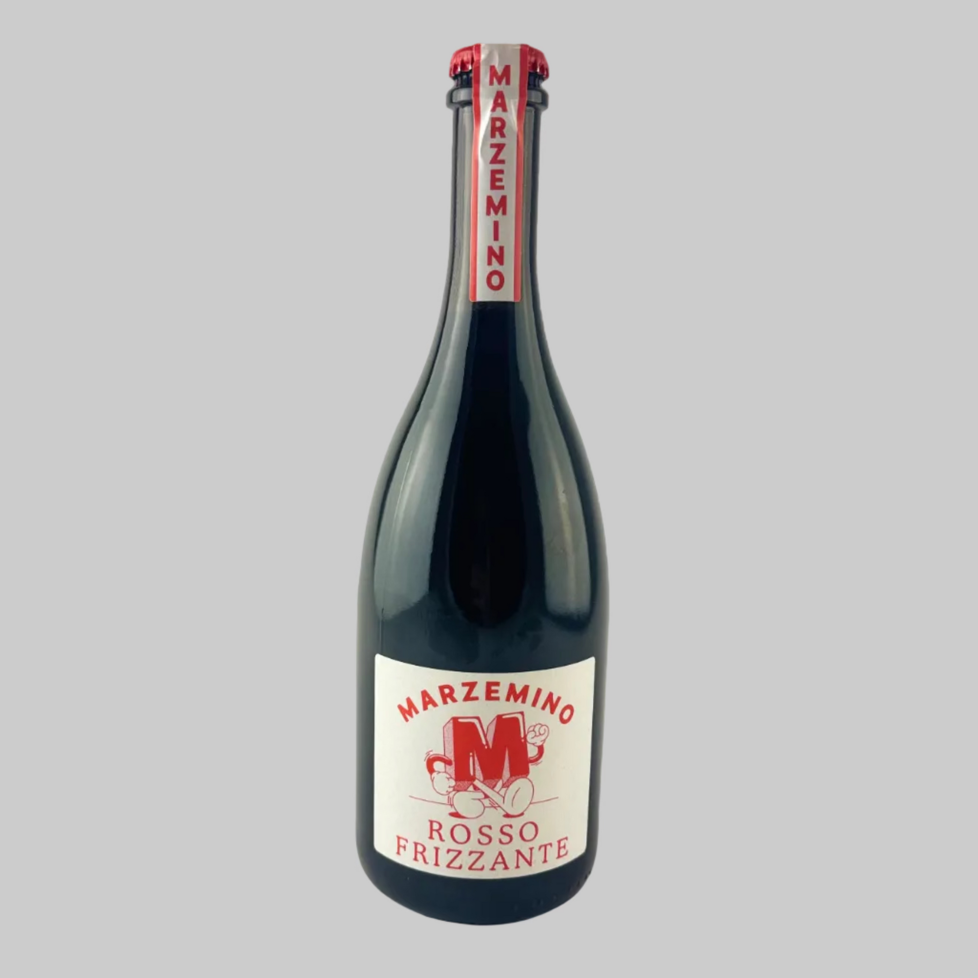 Bottle of Marzemino Rosso Frizzante with a playful M logo on a grey background

