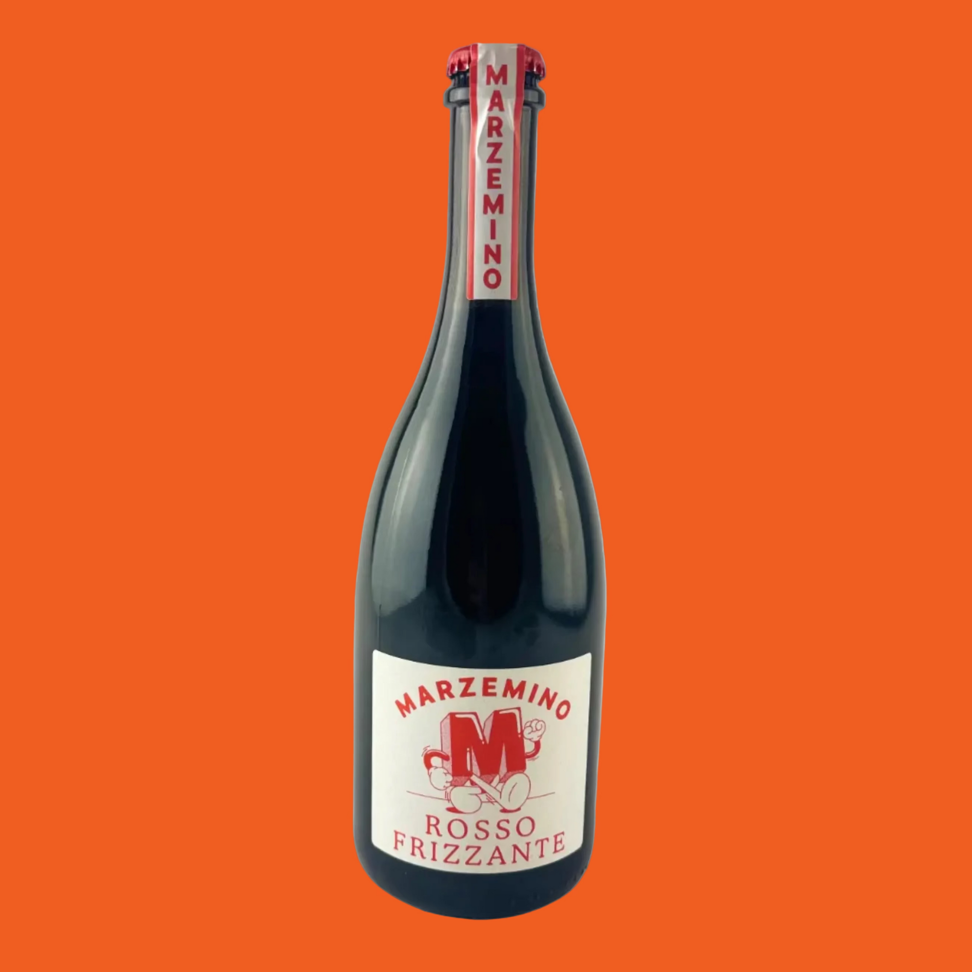 Bottle of Marzemino Rosso Frizzante with a red M logo on a white label, on a orange background

