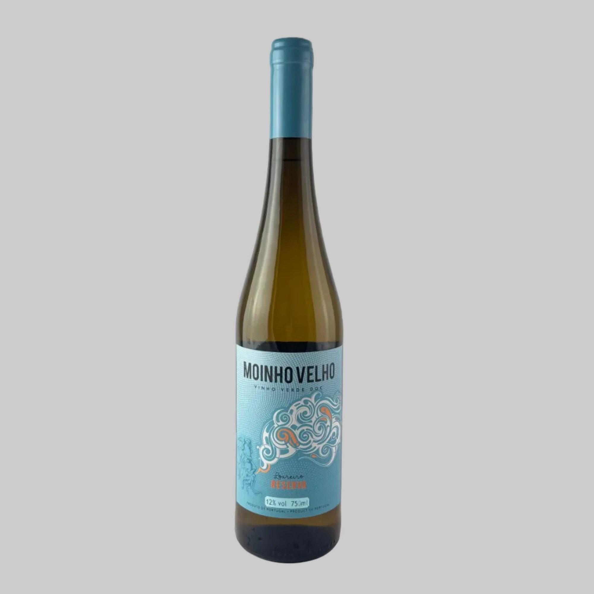 Bottle of Moinho Velho Vinho Verde with blue label on a grey background

