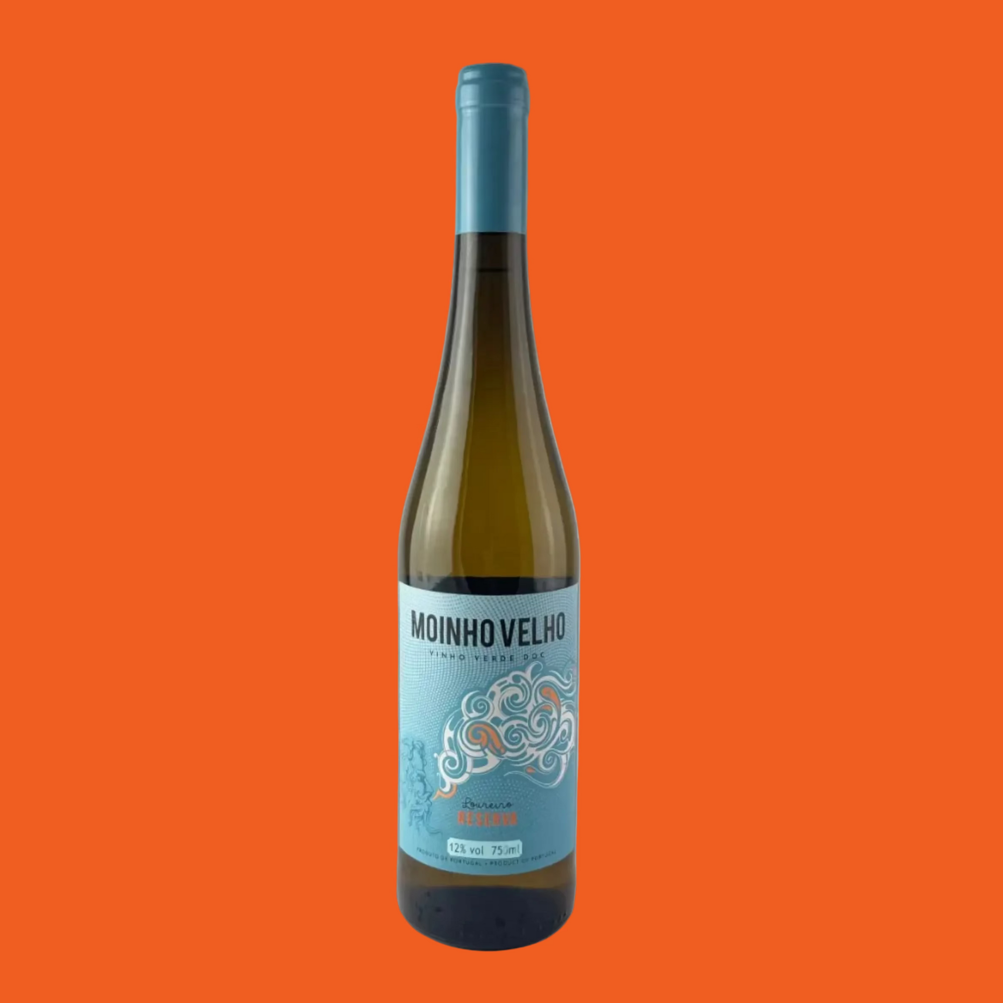 Wine bottle with a blue label on a bright orange background