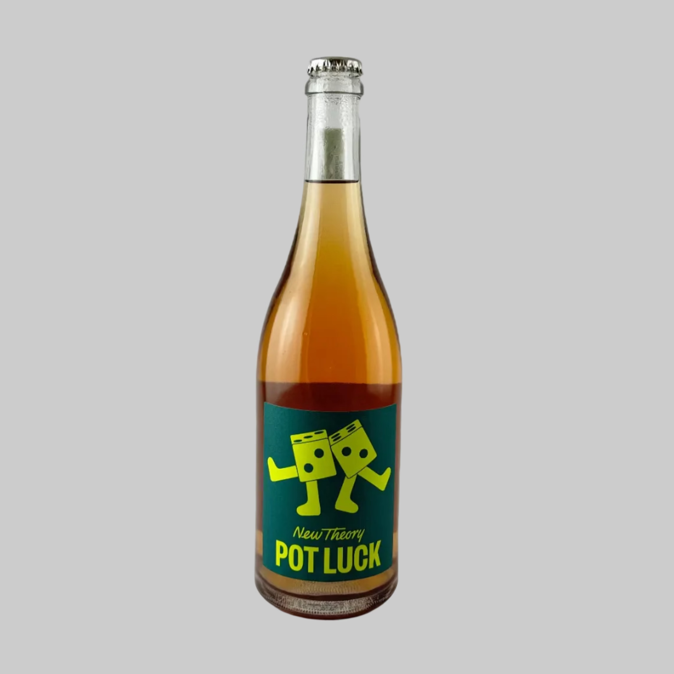 Bottle of Pot Luck wine from New Theory with a green label on a grey background
