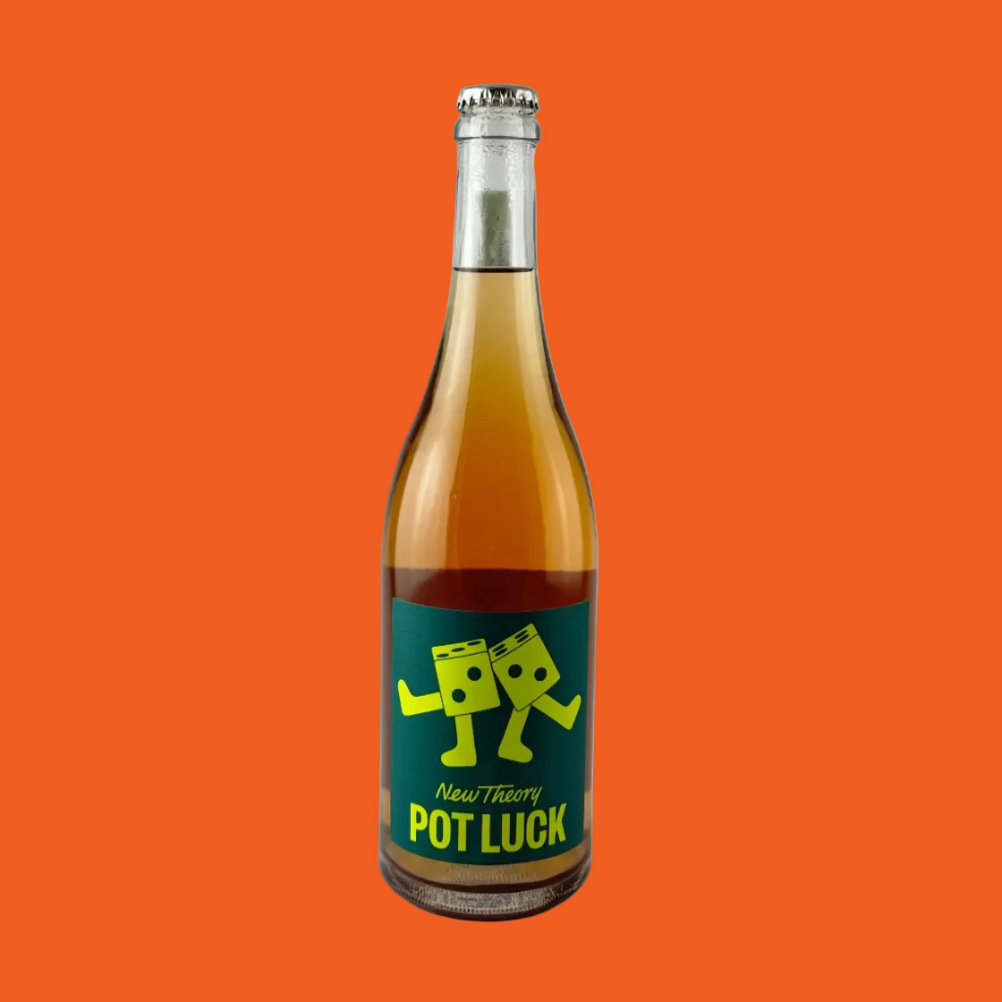 Bottle of orange wine from New Theory with a green and yellow label on an orange background
