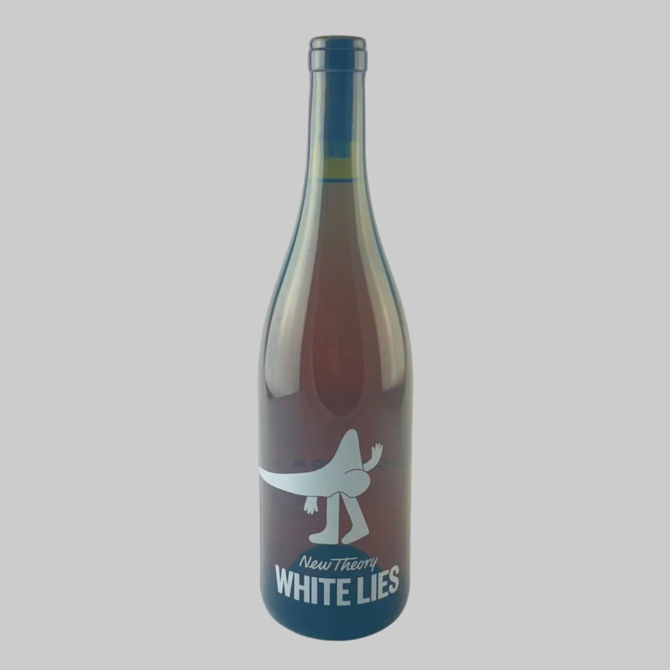 Wine bottle labeled 'White Lies' by New Theory on a grey background