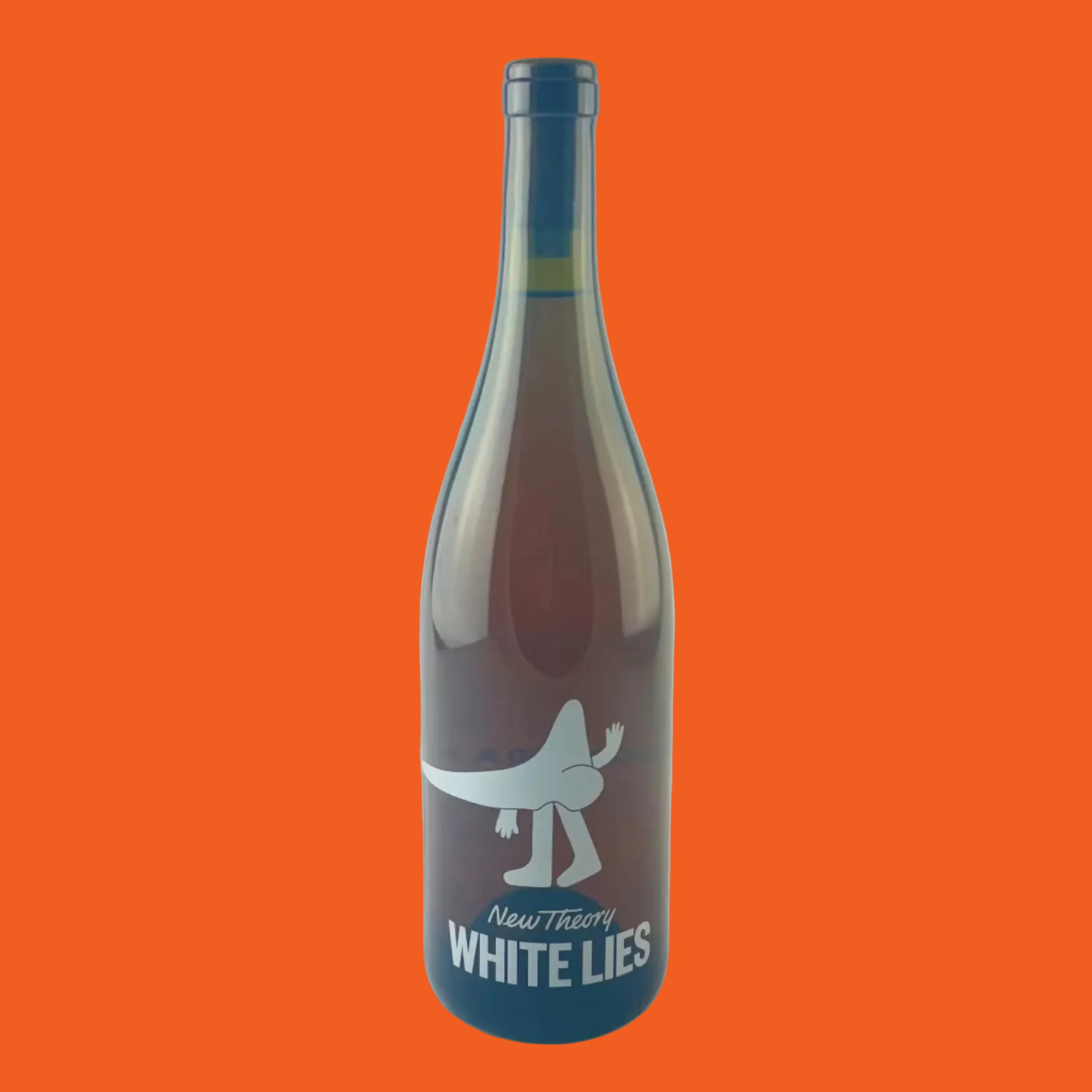 Bottle of White Lies white wine from New Theory on an orange background