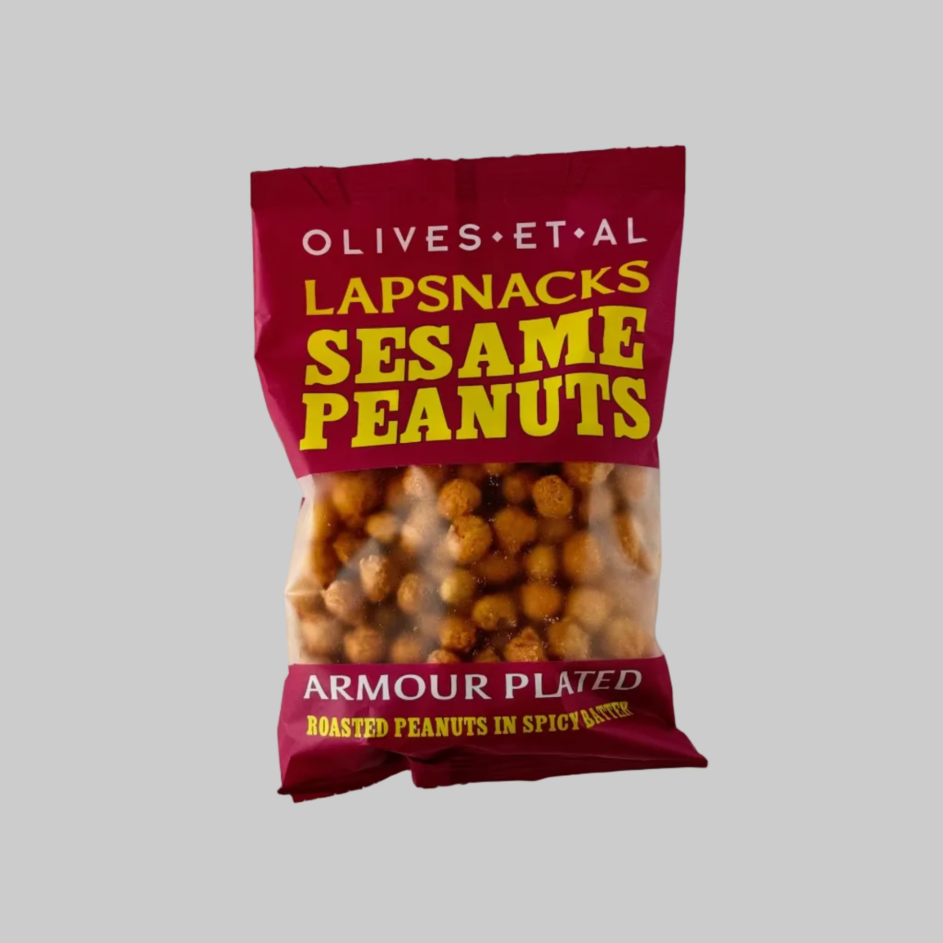 Packet of sesame peanuts from Olives Et Al in a dark red packet on a grey background