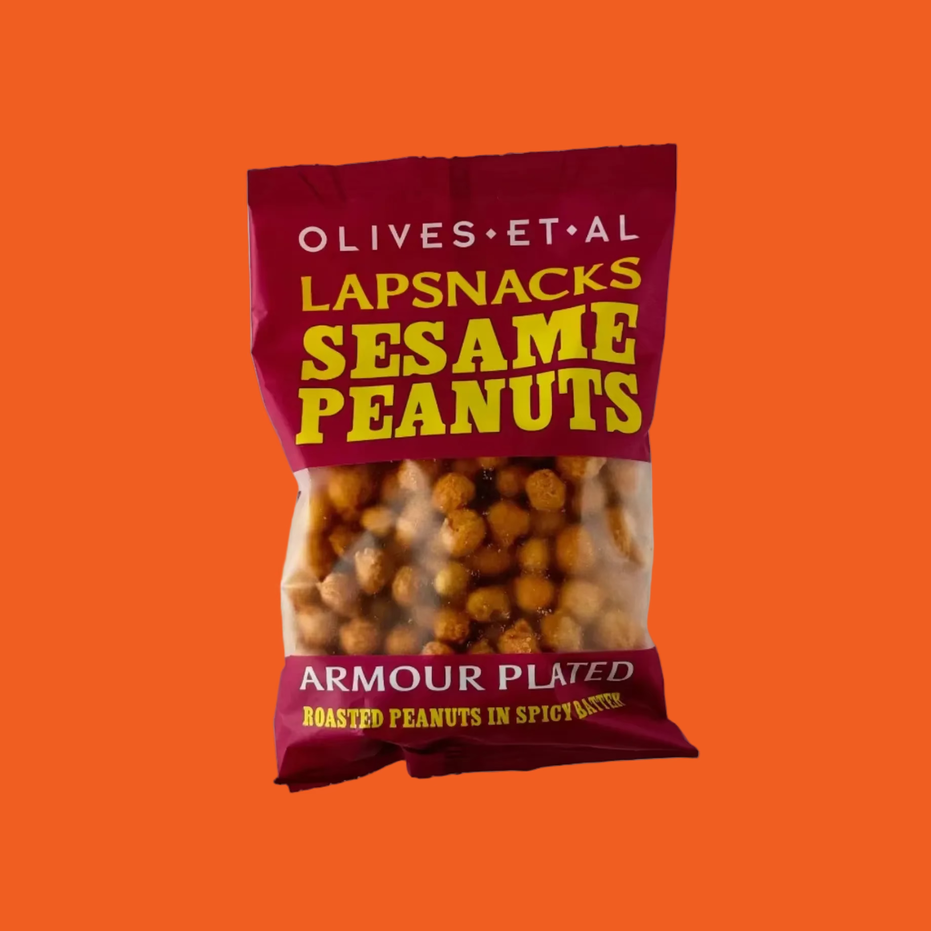 Packet of Lapsnacks Sesame Peanuts in a dark red plastic packet on an orange background