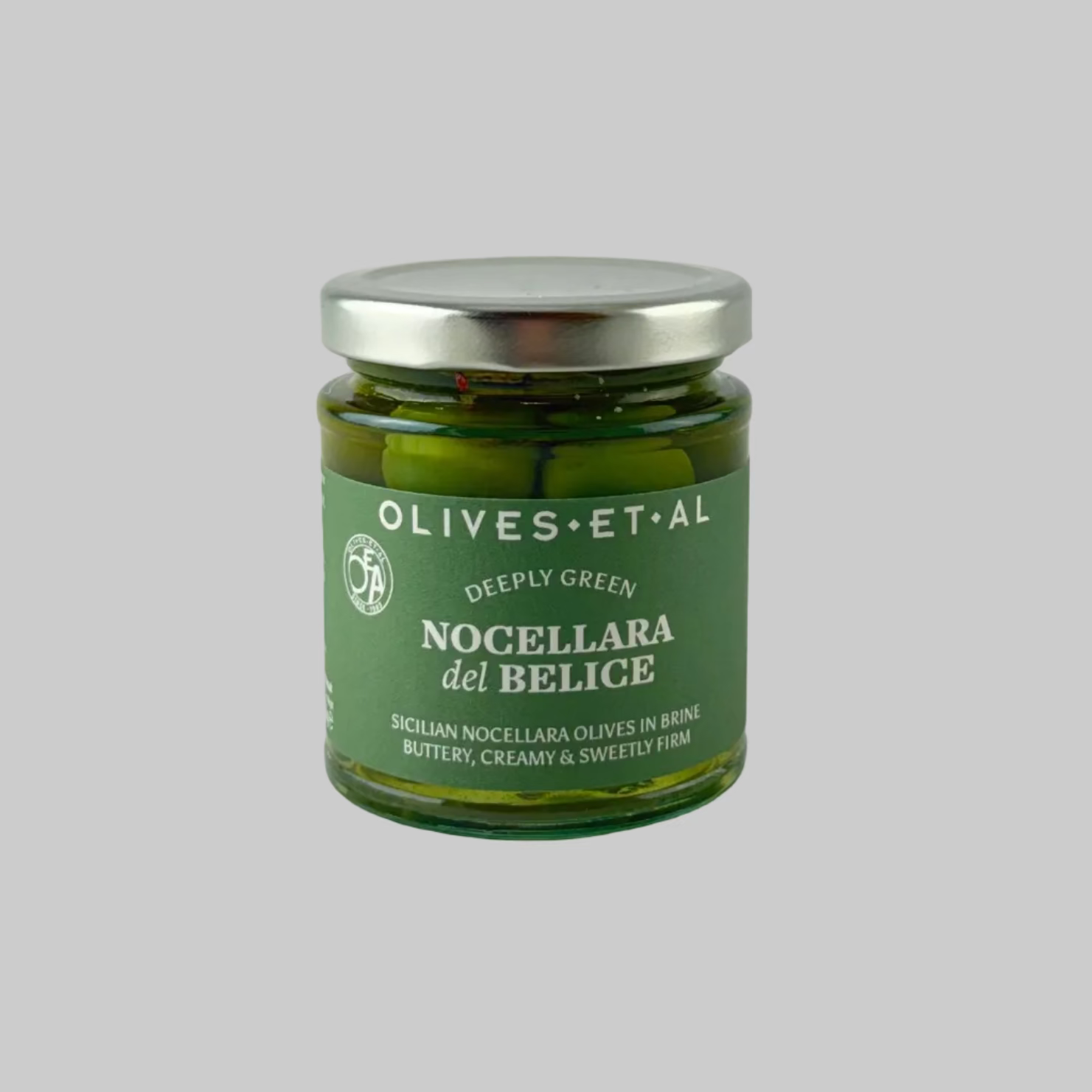 Jar of Olives from Olives Et Al with green label on a grey background

