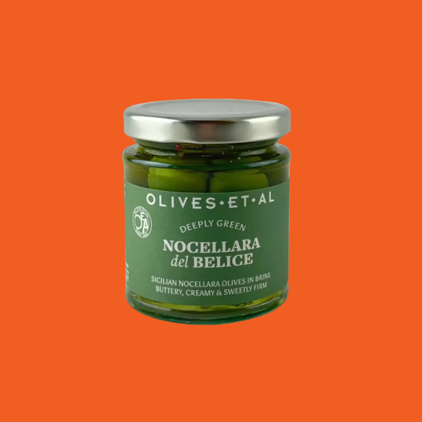 Jar of Olives Et Al Nocellara del Belice olives on a orange background