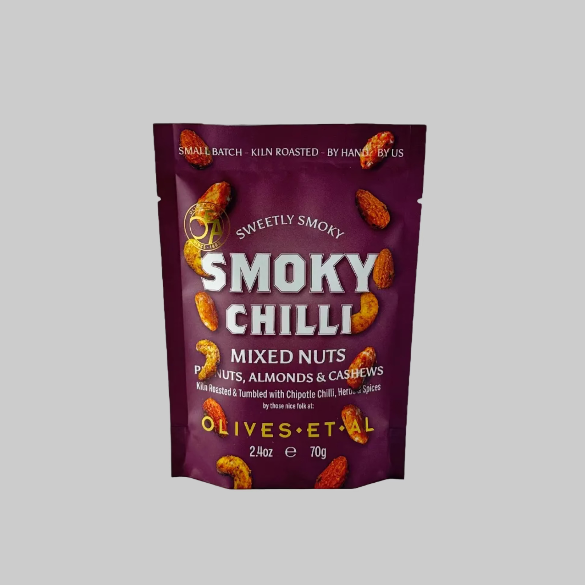 Pack of Smoky Chilli Mixed Nuts from Olives Et Al in a burgundy packet on a grey background