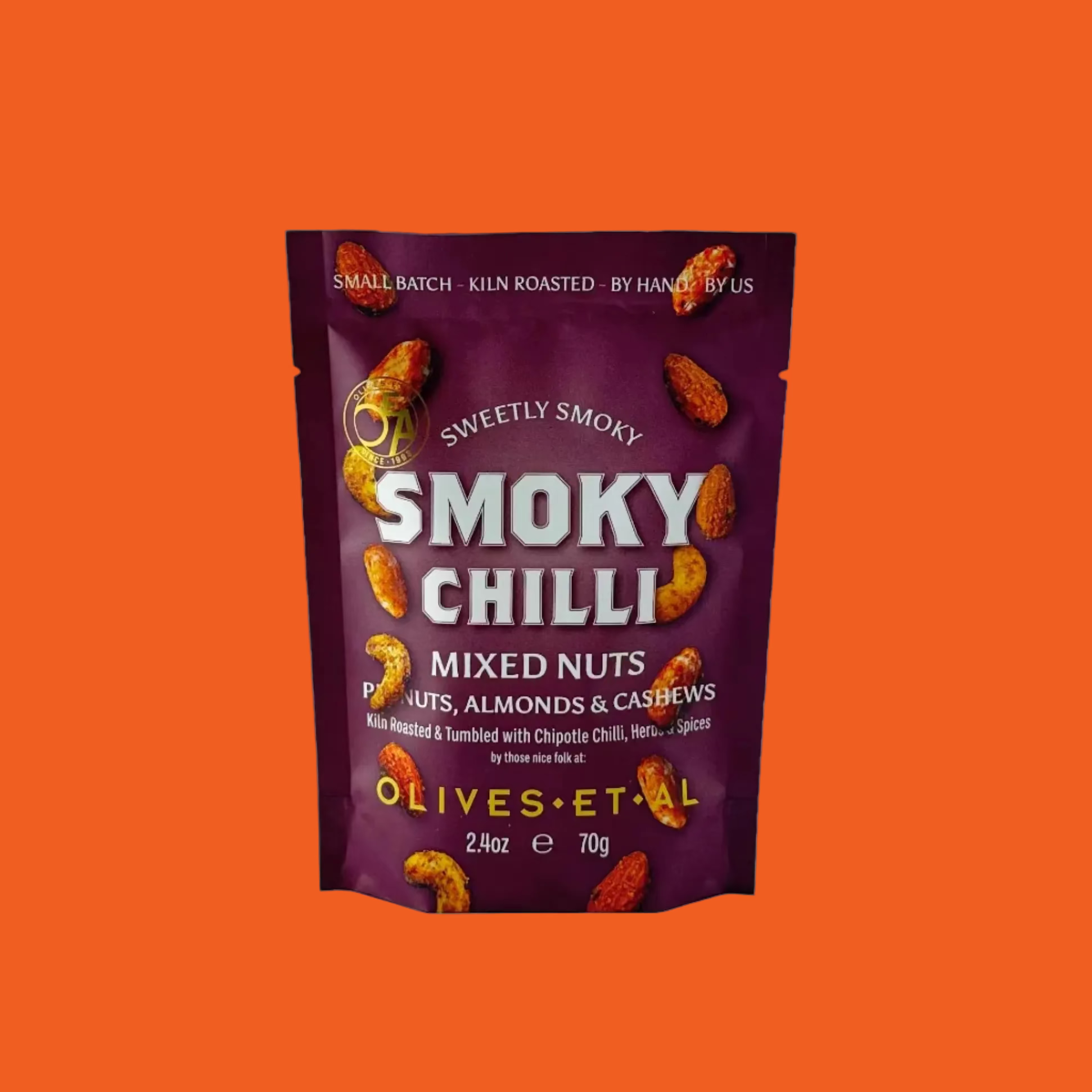 Pack of smoky chilli mixed nuts in a colourful burgundy packet on an orange background