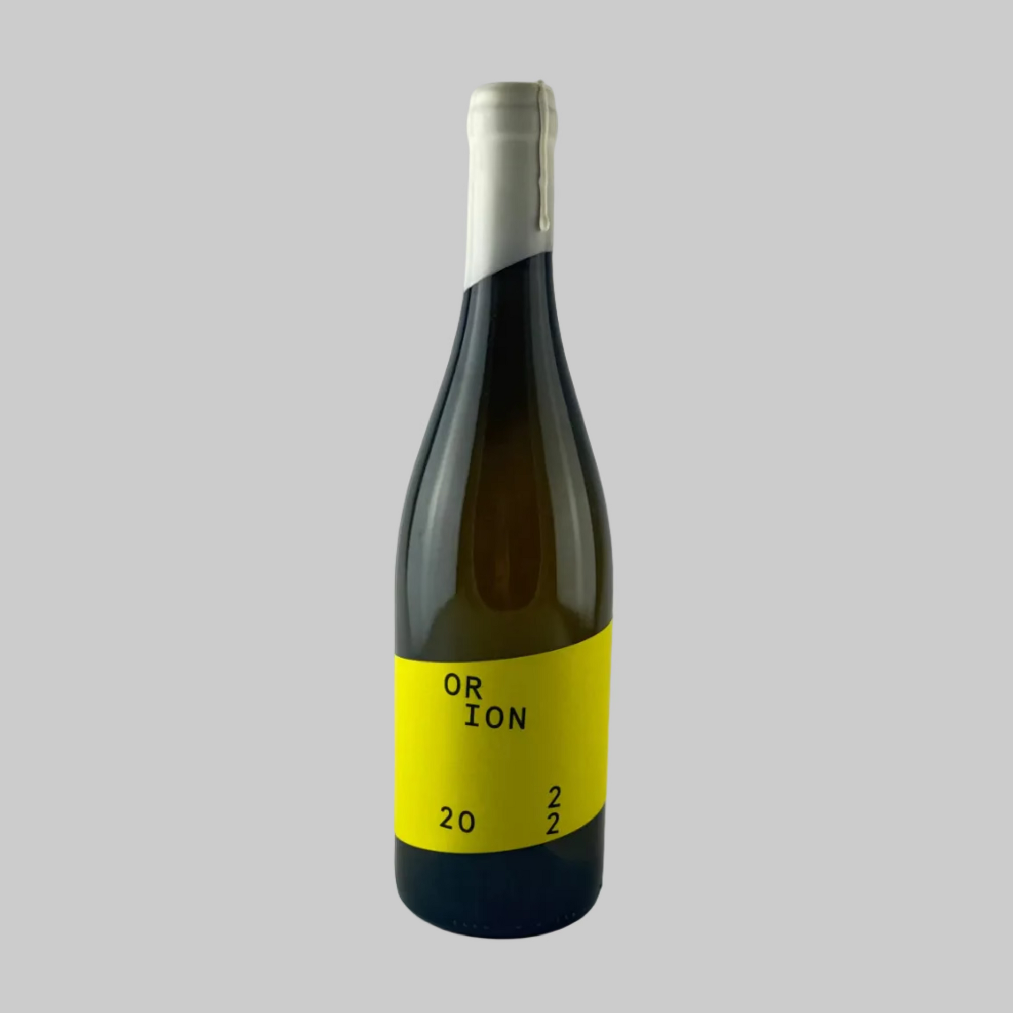 Wine bottle with a yellow label and Orion branding on a grey background

