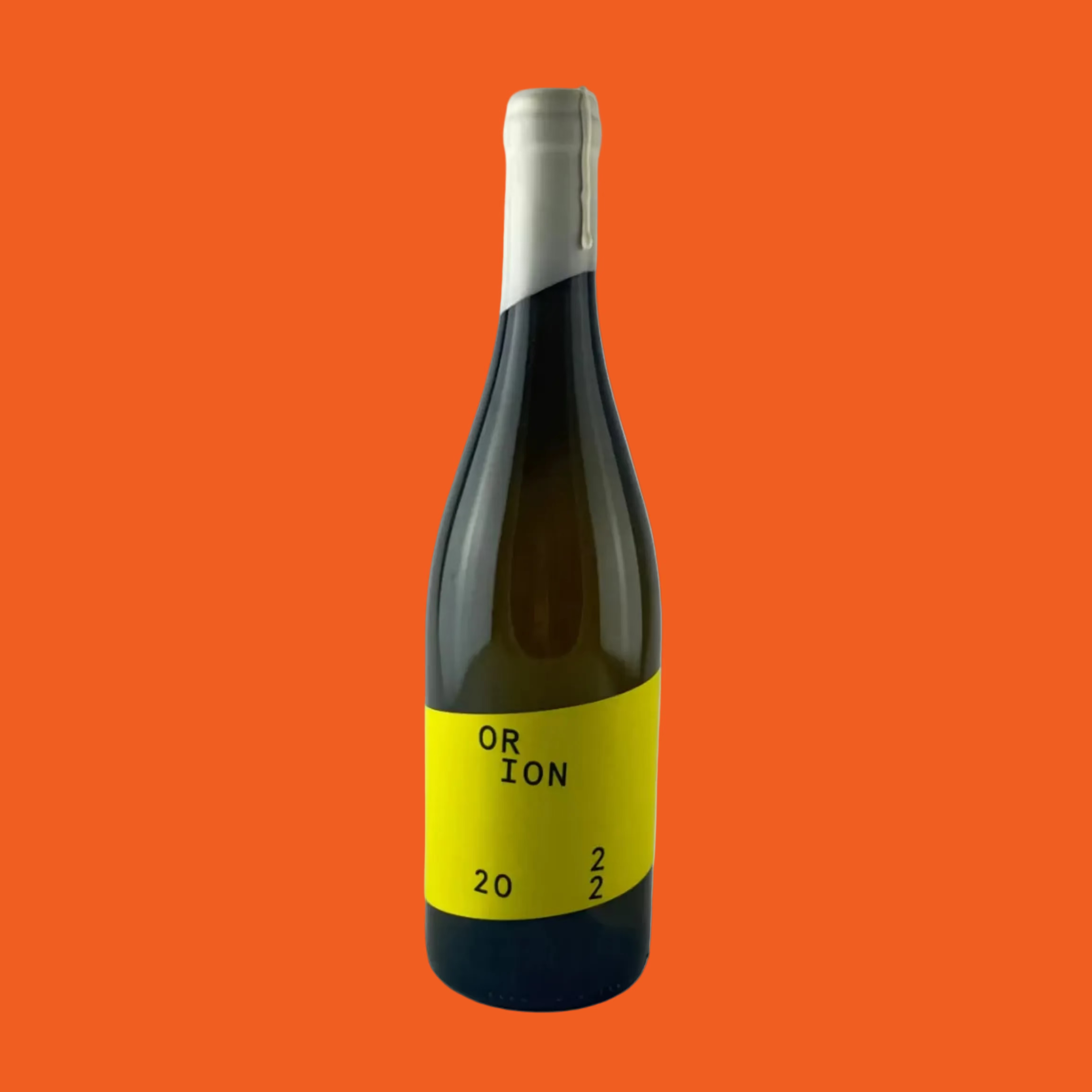 Bottle of Orion wine from The Wharie Experience with a yellow label on a orange background
