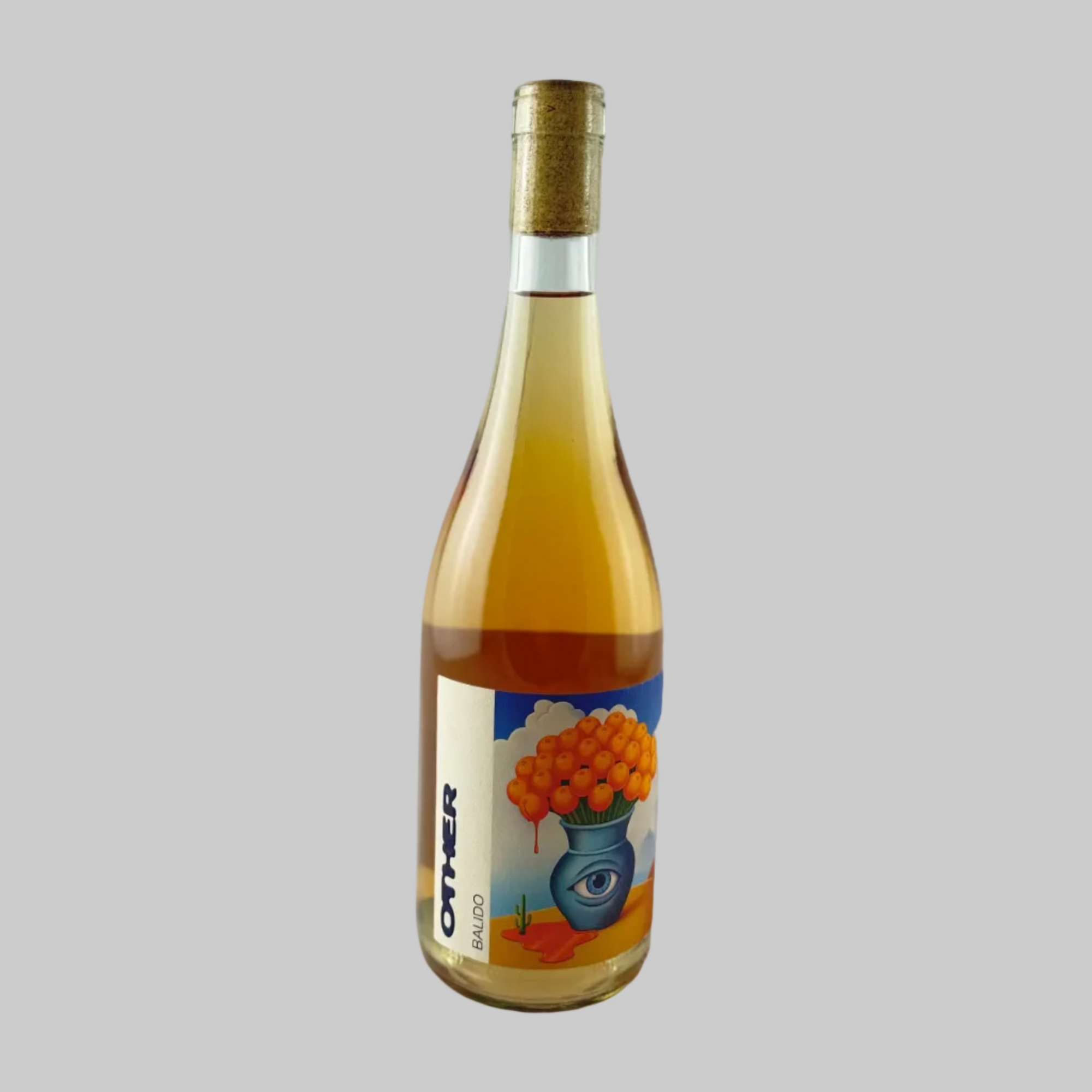 Bottle of Other Wine Balido Skin Contact wine with a colourful label on grey background
