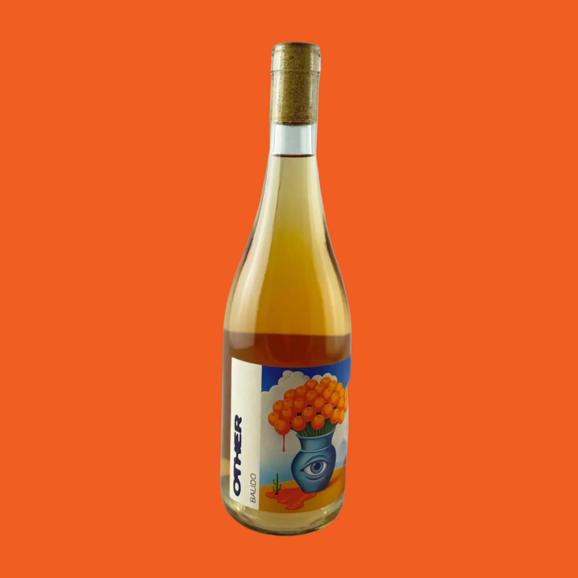 Bottle of orange wine with a colourful label on a orange background