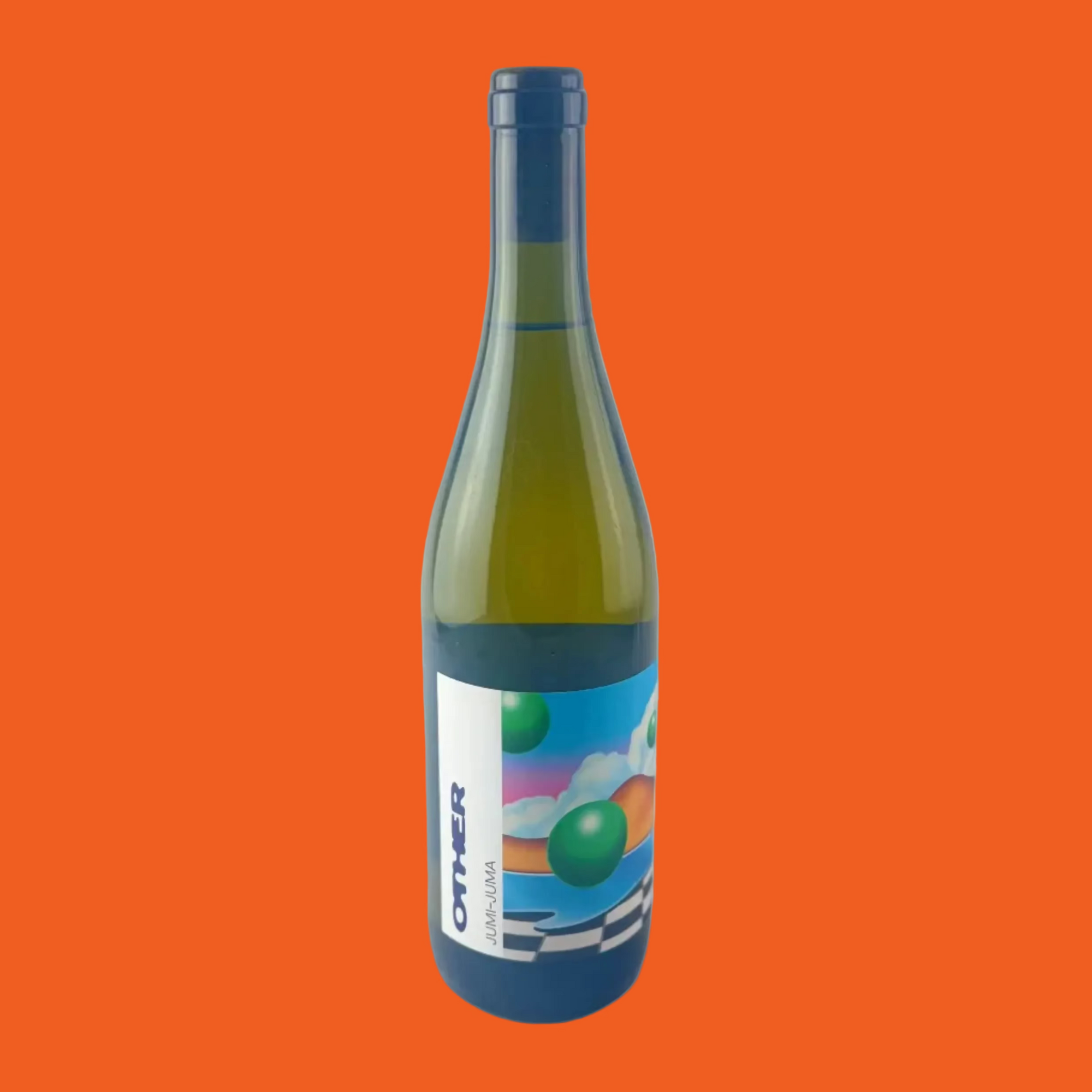 Bottle of Jumi Juma wine from Other Wines with a colourful label with shapes on an orange backgound