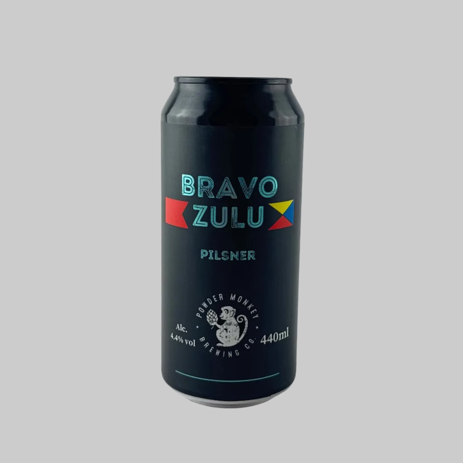 Black can of Powder Monkey Bravo Zulu Pilsner on a grey background