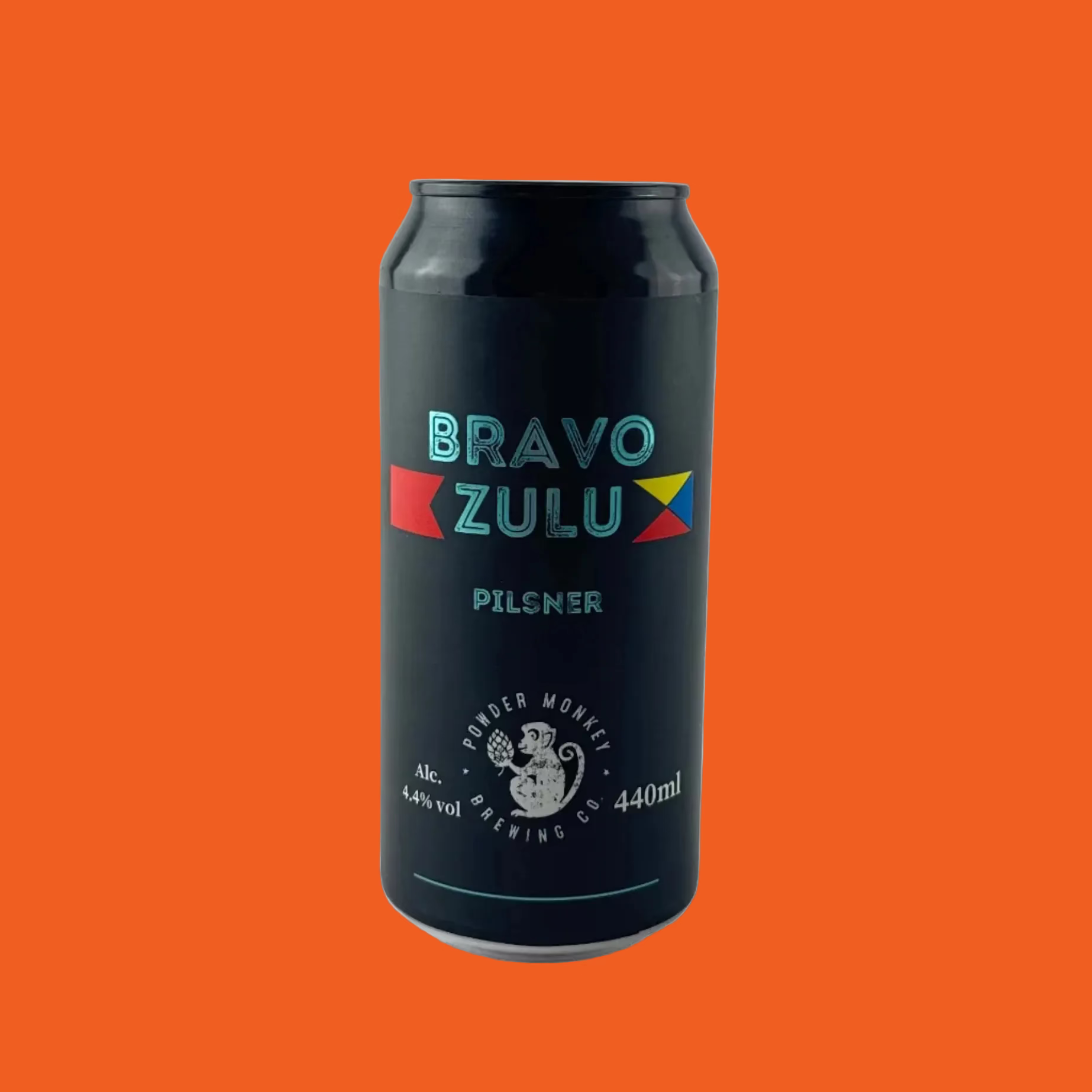 Can of Powder Monkey Bravo Zulu Pilsner with a black can on a orange background