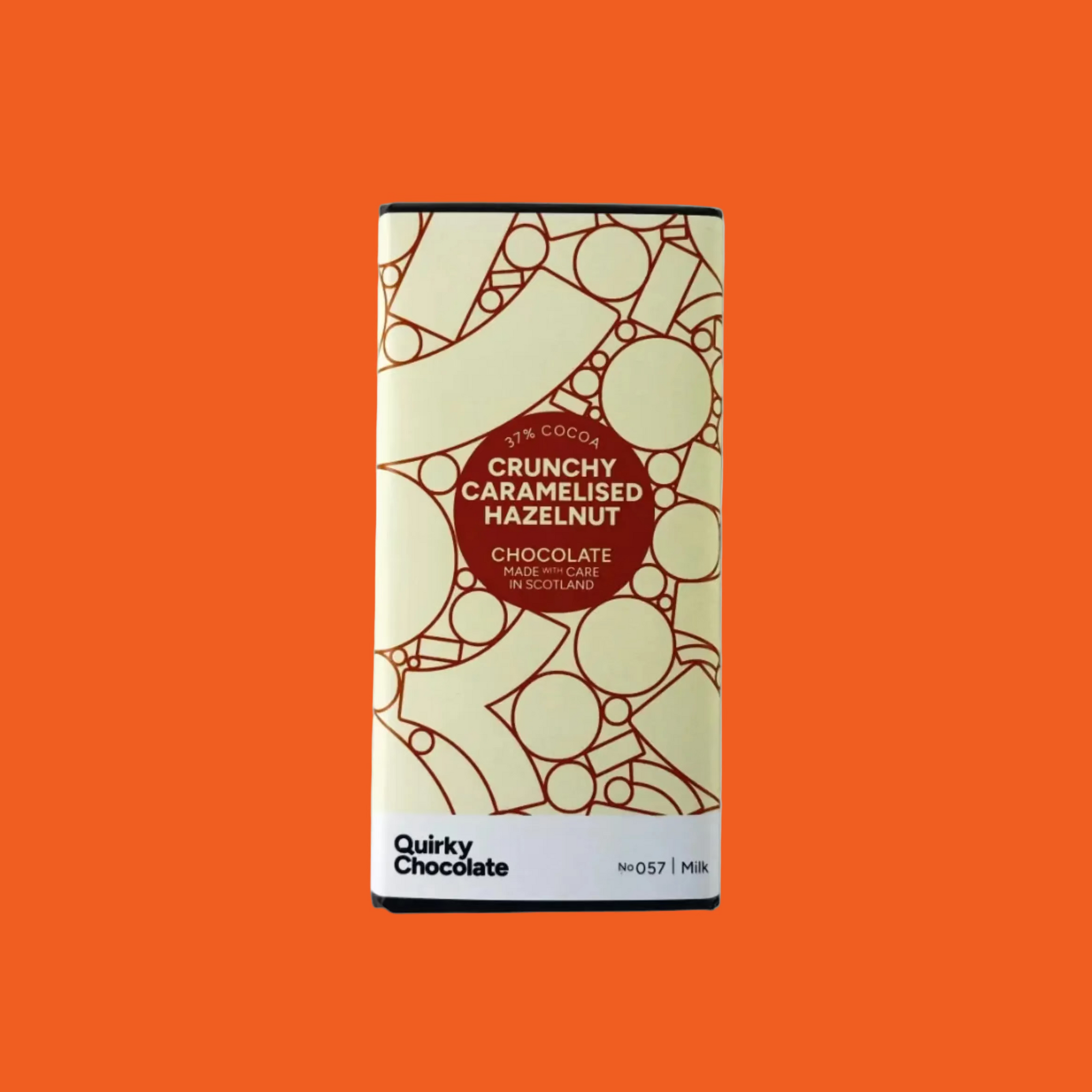 Quirky Chocolate bar packaging with a geometric design on a orange background